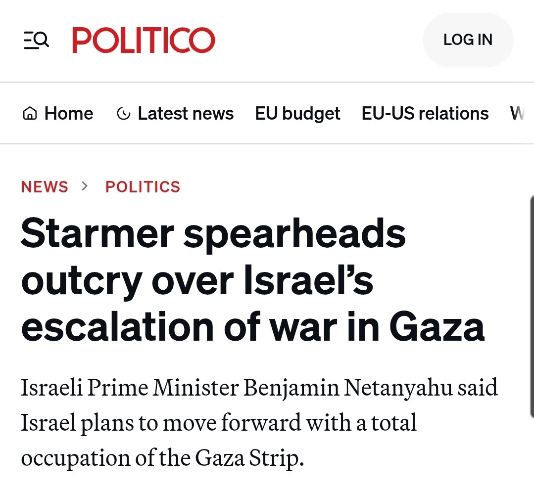 Headline from politico.eu which reads: Starmer spearheads outcry over Israel’s escalation of war in Gaza.