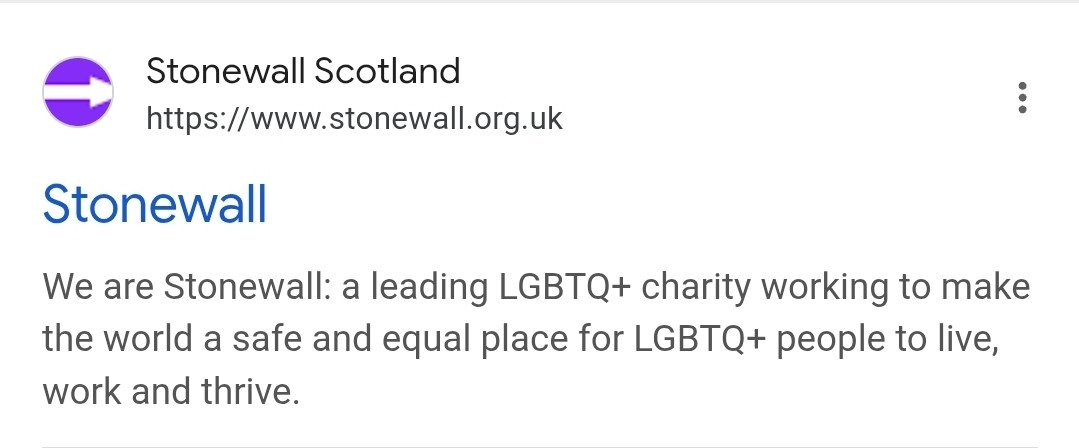 A Google search listing for Stonewall. A caption above the URL reads "Stonewall Scotland".