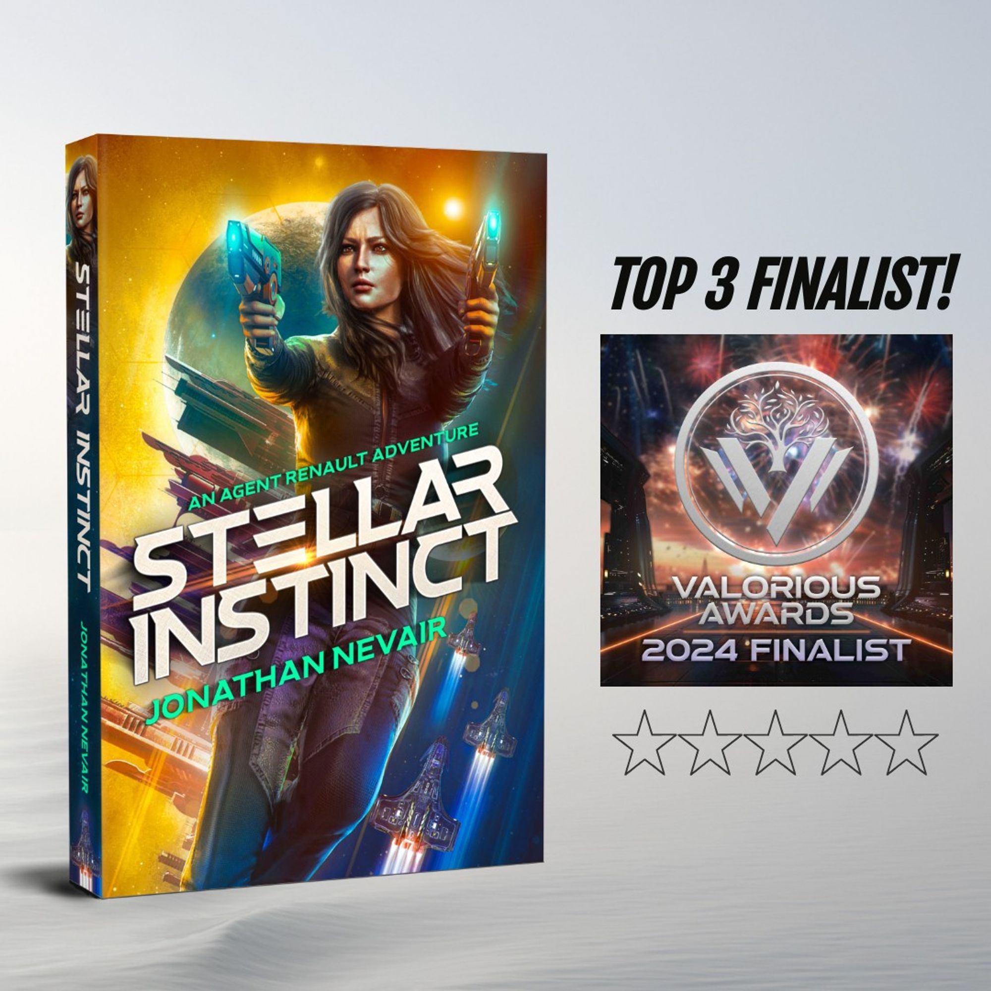 an image of the book cover for Stellar Instinct (a woman holding two blaster in an action sci-fi scene against a yellow and blue background), and a Valorious Awards 2024 Finalist icon with the words "Top 3 Finalist" against a white sand desert background.