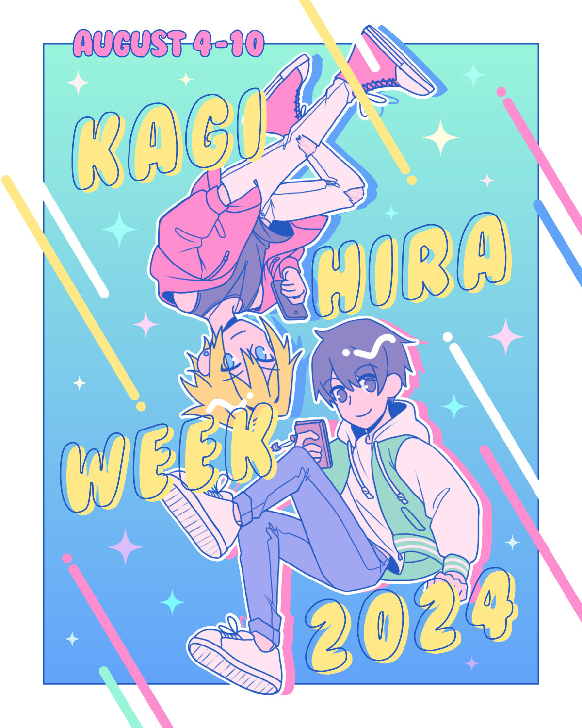 a tiny hirano and kagiura floating in a blue-green background with colorful sparkles and stuff. it reads 'KAGIHIRA WEEK 2024' and 'August 4-10'.