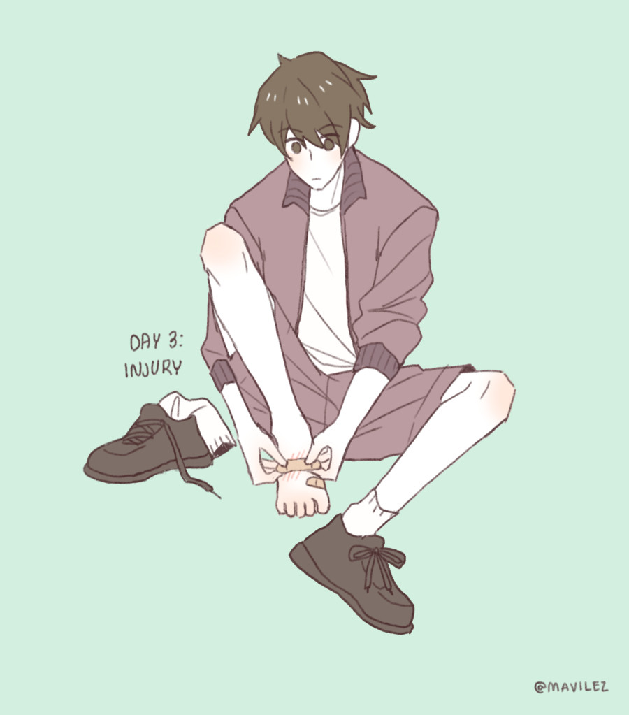 kagi sitting in an isolated background wearing a sports jersey and putting a bandage on his bare foot because.. he's injured.. or something.. sorry i didn't think this through