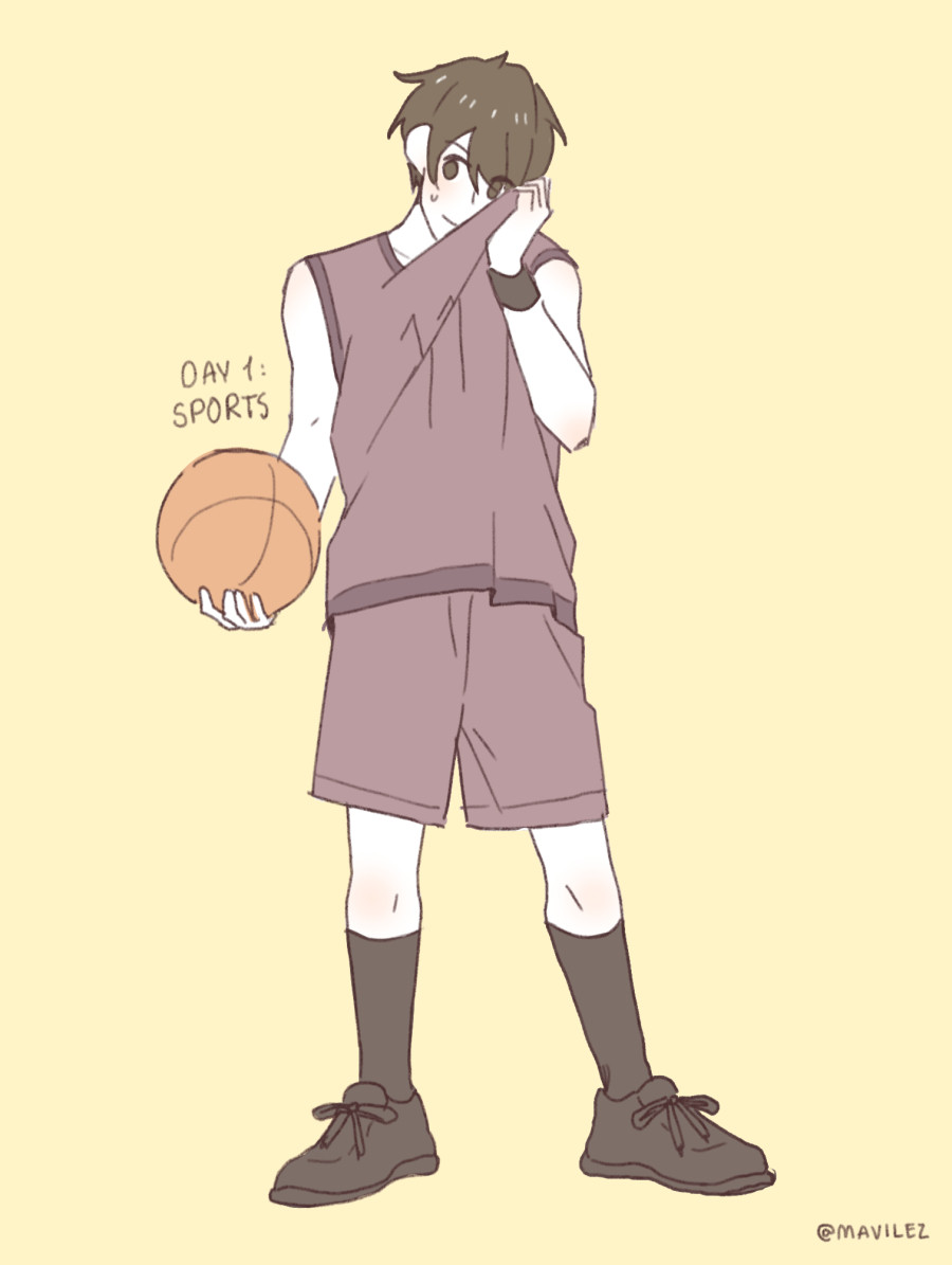 day 1: sports

kagiura akira is standing on a yellow background wearing a basketball team uniform and holding a basketball on one hand while wiping the sweat off his face using the top of his shirt with the other