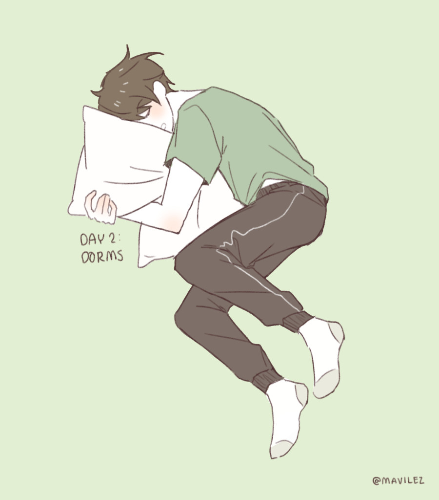 day 2: dorms // kagiura sleeping on an isolated green background. he's wearing a green shirt, black sweatpants and white socks. he is hugging a pillow and burying his face into it