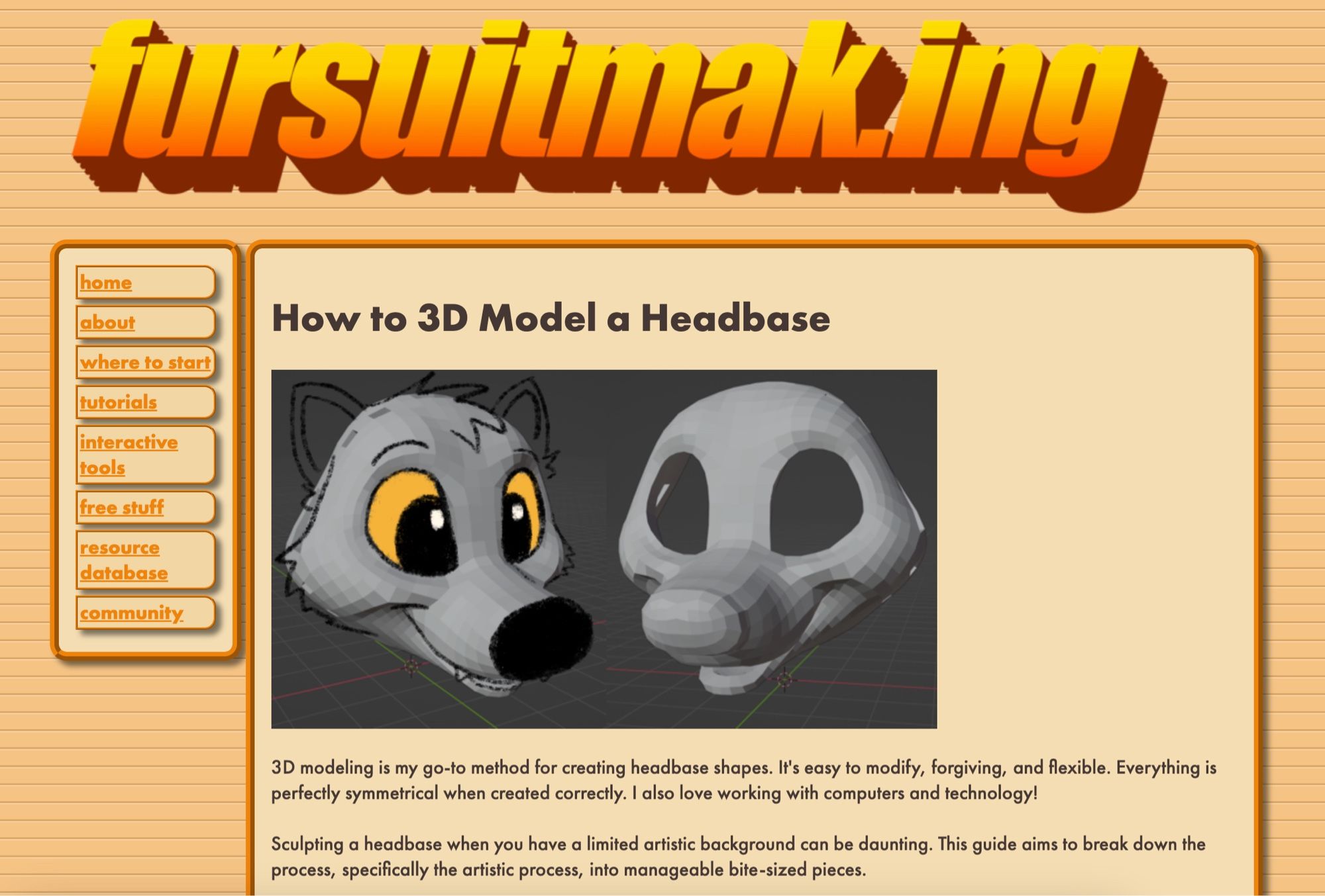 Screenshot of the “how to 3D model a headbase” tutorial on www.fursuitmak.ing. Below the title of the article are two views of the finished raccoon head 3D model. One of the views has eyes, ears, some hair, and a nose drawn on top.