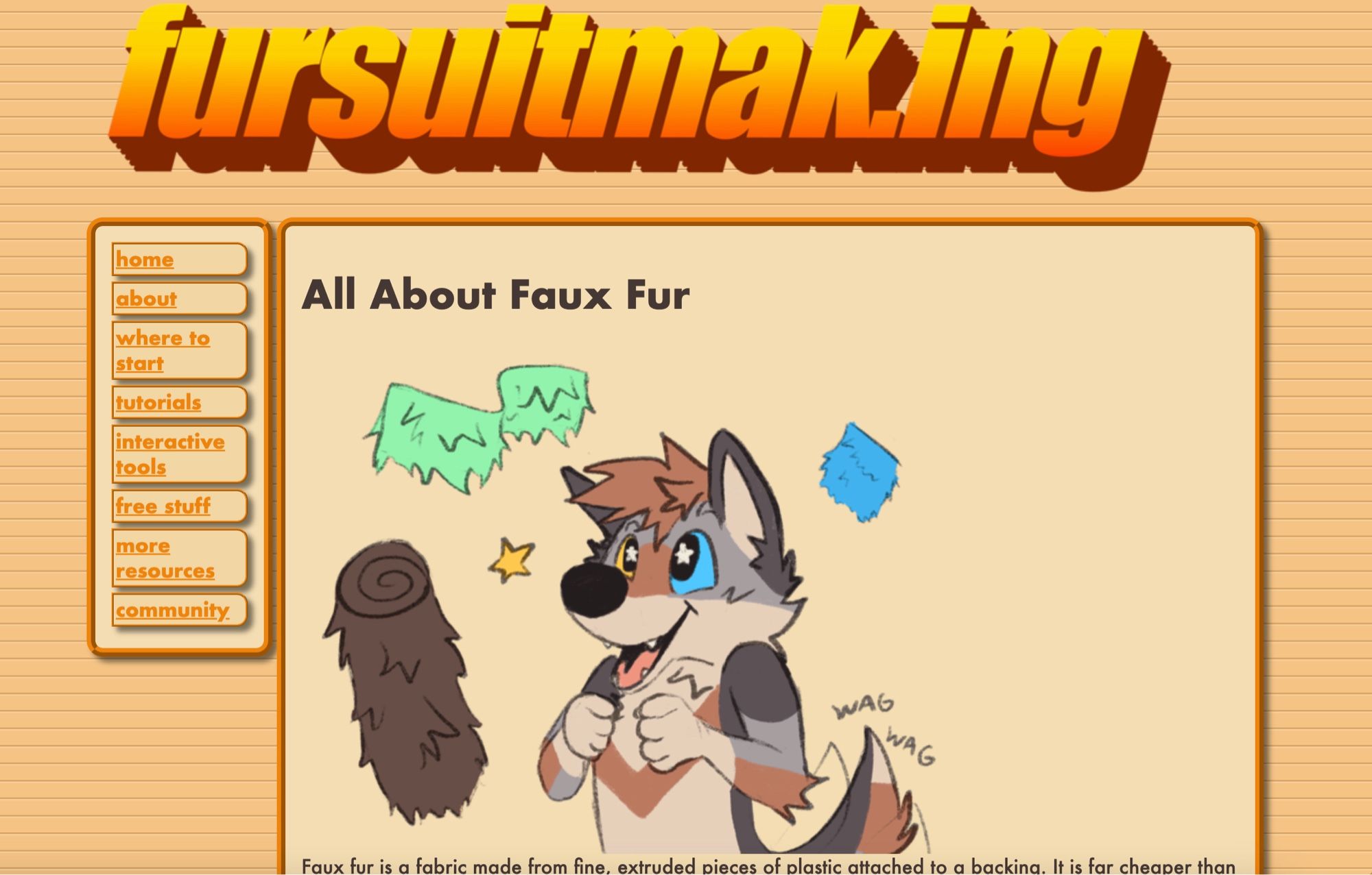 Screenshot of a fursuit making article, entitled “all about faux fur”. There is a drawing of an excited anthro wolf surrounded by faux fur. The website is very orange.