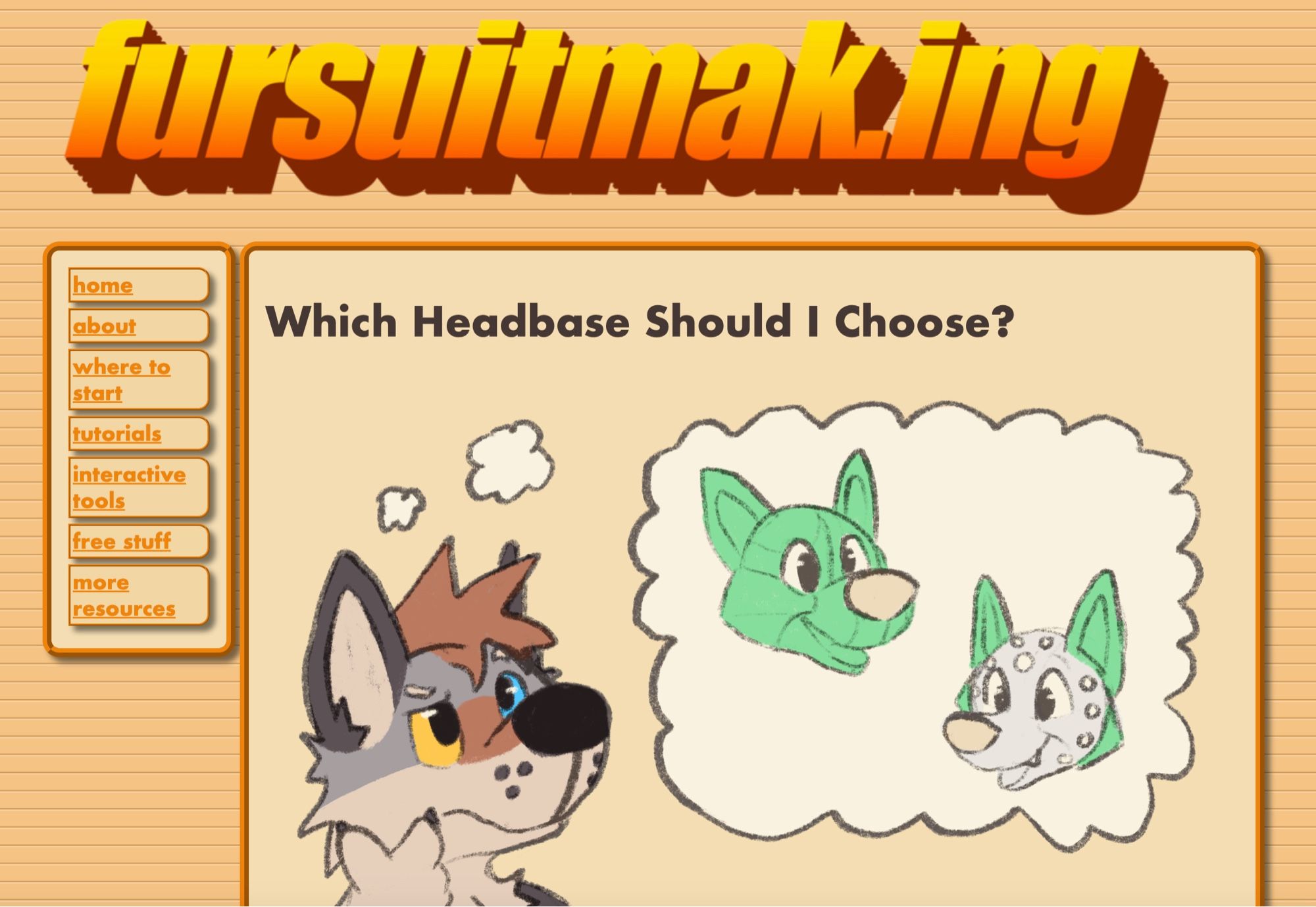 Screenshot of another article, this one entitled “which headbase should I choose?”. The same anthro wolf is thinking about a foam fursuit headbase and a 3D printed headbase.