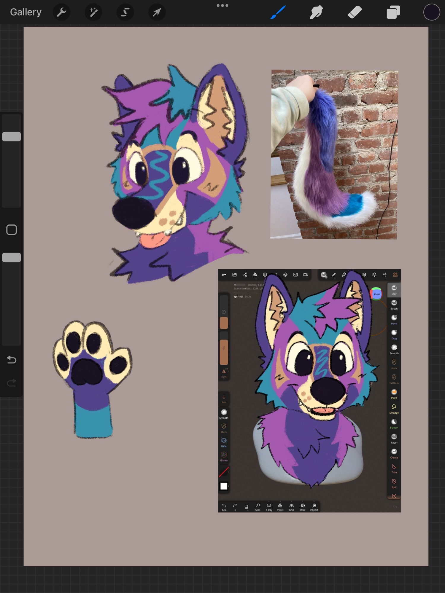 Concept art (and photo of a finished tail) for a wildberry poptart inspired wolf fursuit. He is very purple with some accents of blue, light yellow, and brown. He has a poptart marking on his nose bridge. He is very happy!