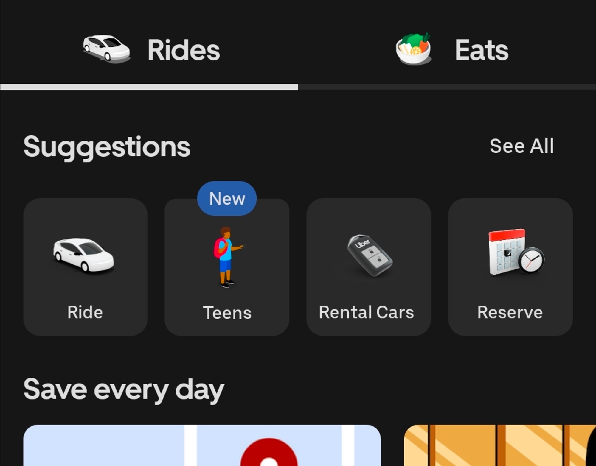 Screenshot of the Uber app. Among the rental and ride share options there is a button labeled "Teens".

It is meant for teen users of the app, but due to its placement among other rental services, it looks very out of place.