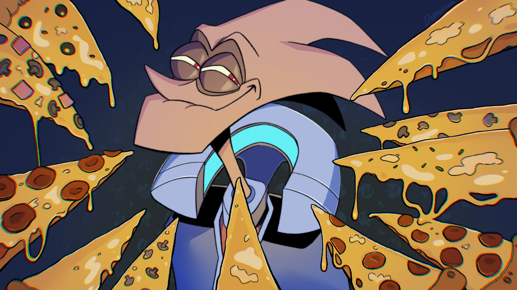 A digital full colour drawing of Shrike Sanchez from Monkey Wrench, smiling smugly while surrounded by gooey, cheesy pizza slices, all of which are pointing towards him. 
The composition of the drawing is a reference to the knife cat meme. 