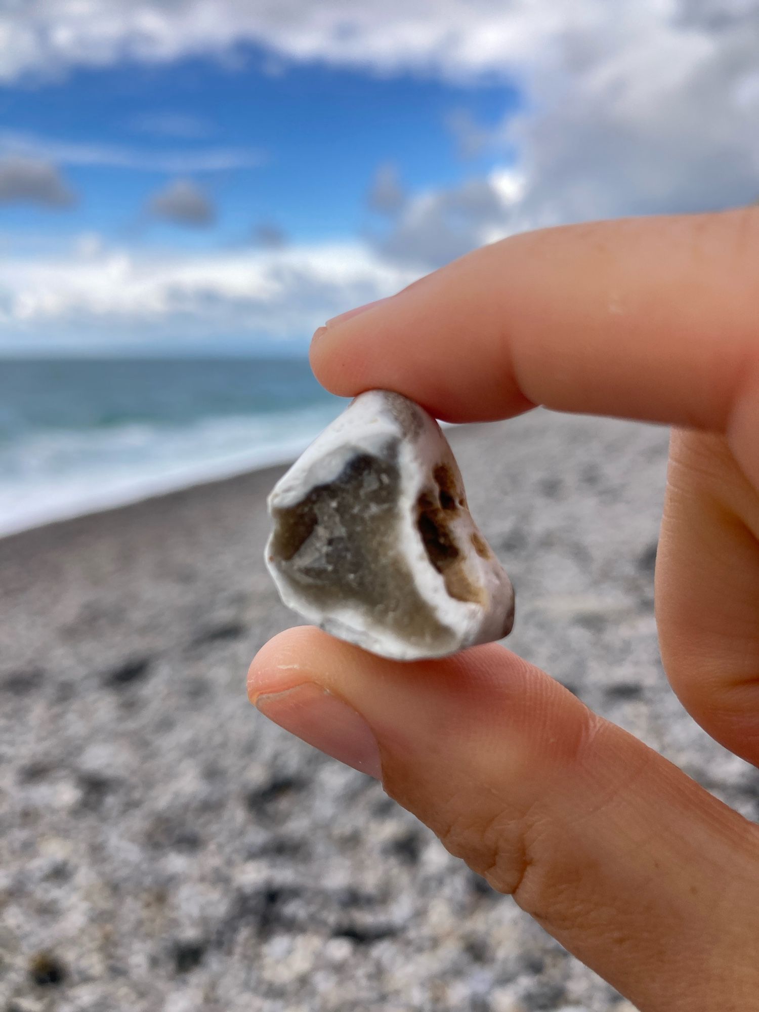 A hand holds a small, triangular, multicolored beach pebble, dull milky white outlining translucent brown. The backdrop is a rocky beach, the sea, the sky.