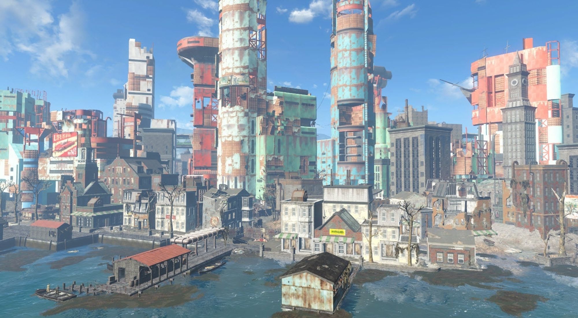 A screenshot of the Boston skyline from Fallout 4. There are a few historical styled buildings but all the skyscrapers are built in a retro futuristic style.