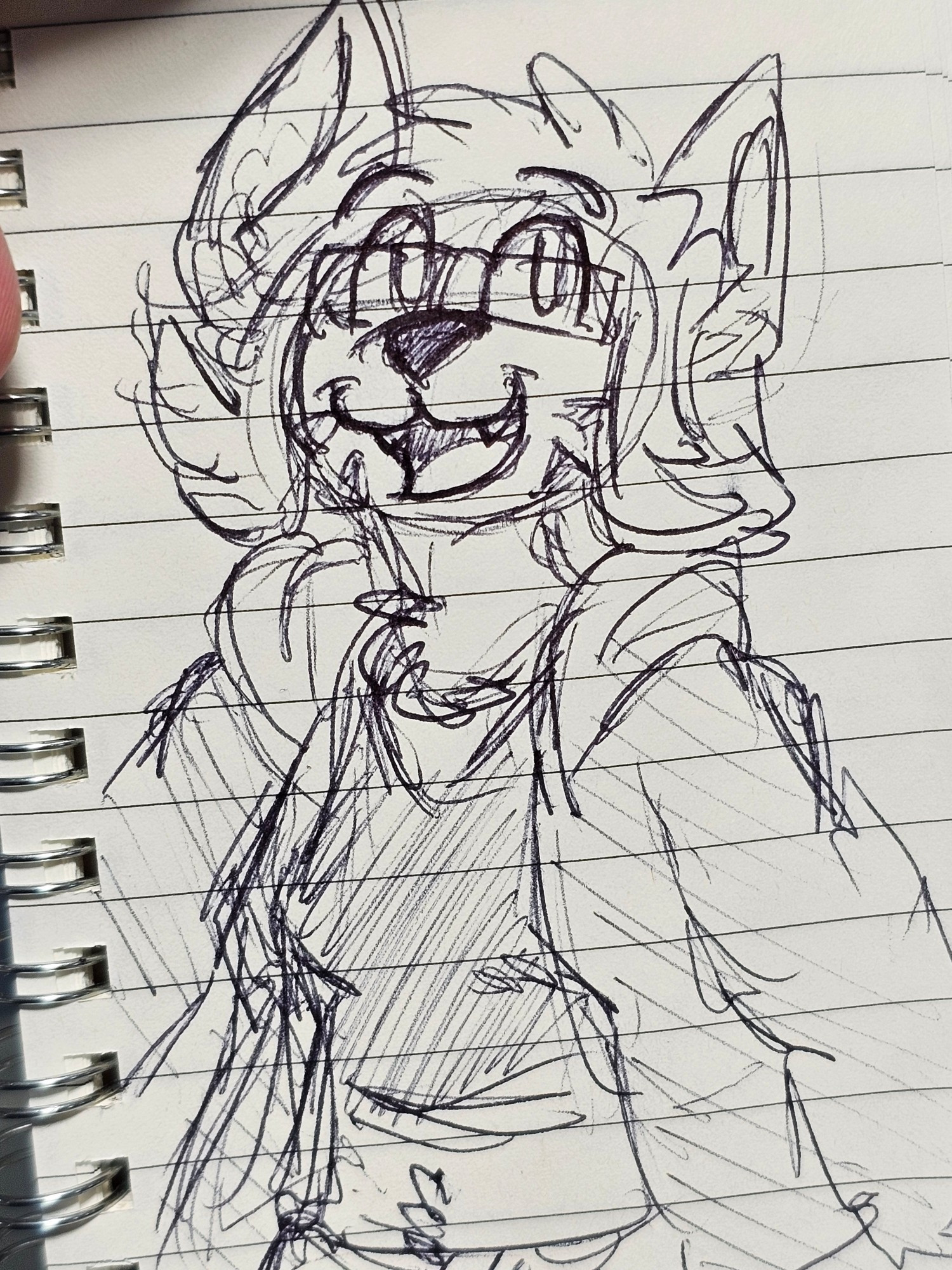 A pen and paper sketch of a Coyote version of Vee. Floofy hair with long ears. She has a happy expression as she jumps in place