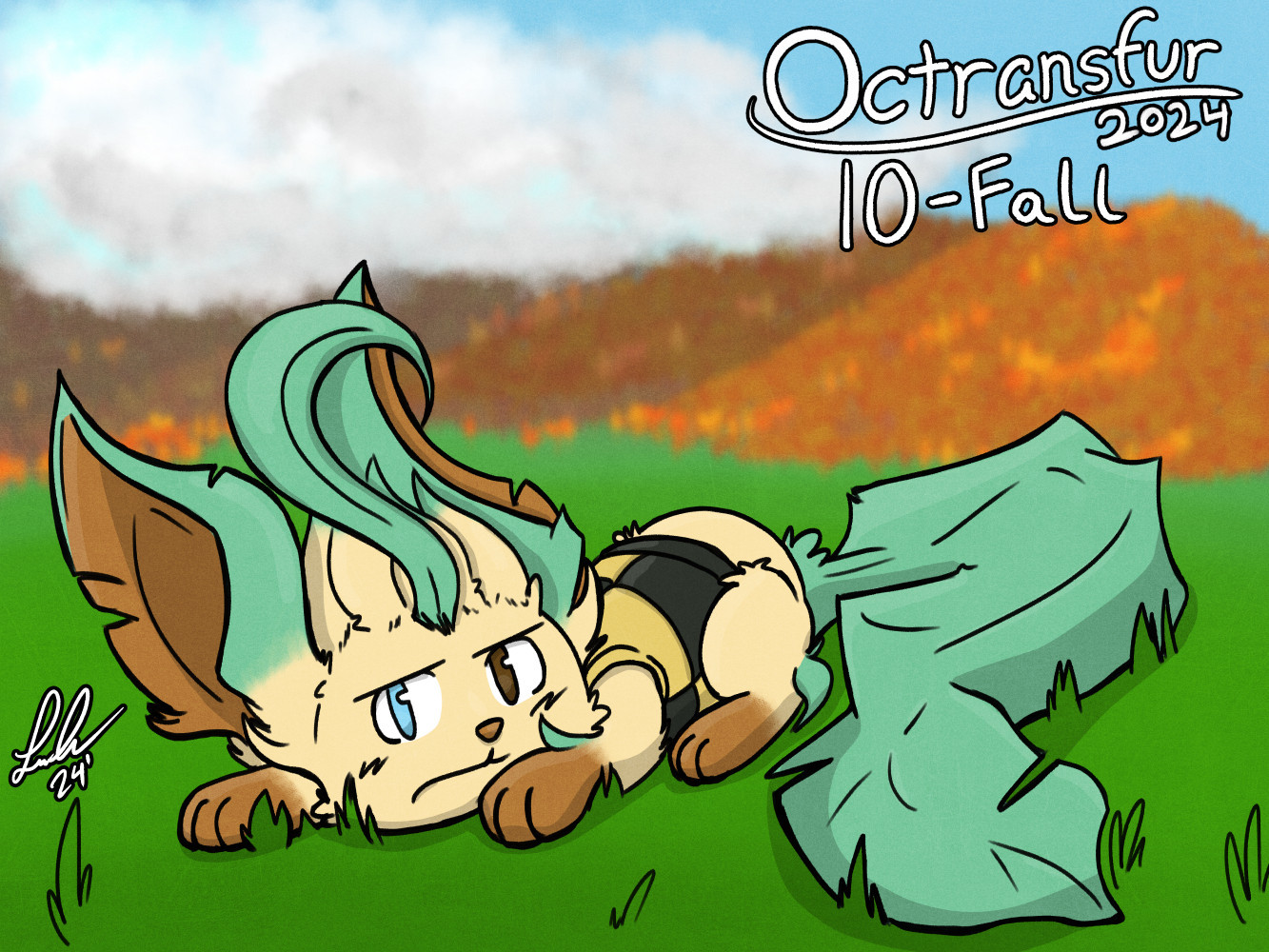 A digital drawing of a Leafeon wearing a black and yellow vest, laying in a field of grass, looking towards the viewer with a pouty face. The background shows a few mountains with autumn colored trees spreading across them.

The logo for Octransfur 2024 is in the top right corner, with "10 - Fall" written underneath it.