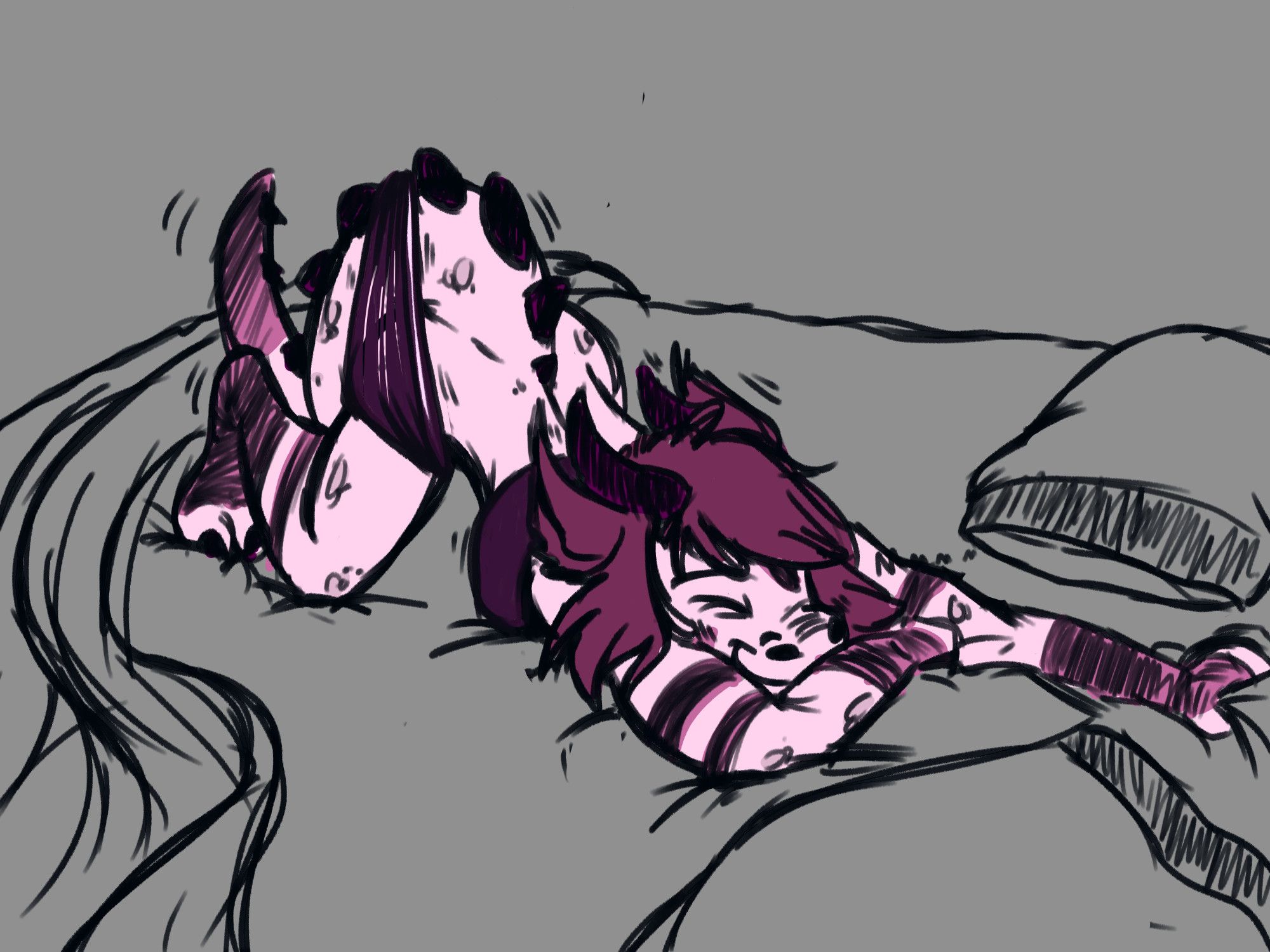 A rough digital sketch of Vee stretching in bed as their body finishes transforming into a anthro pink dragon.