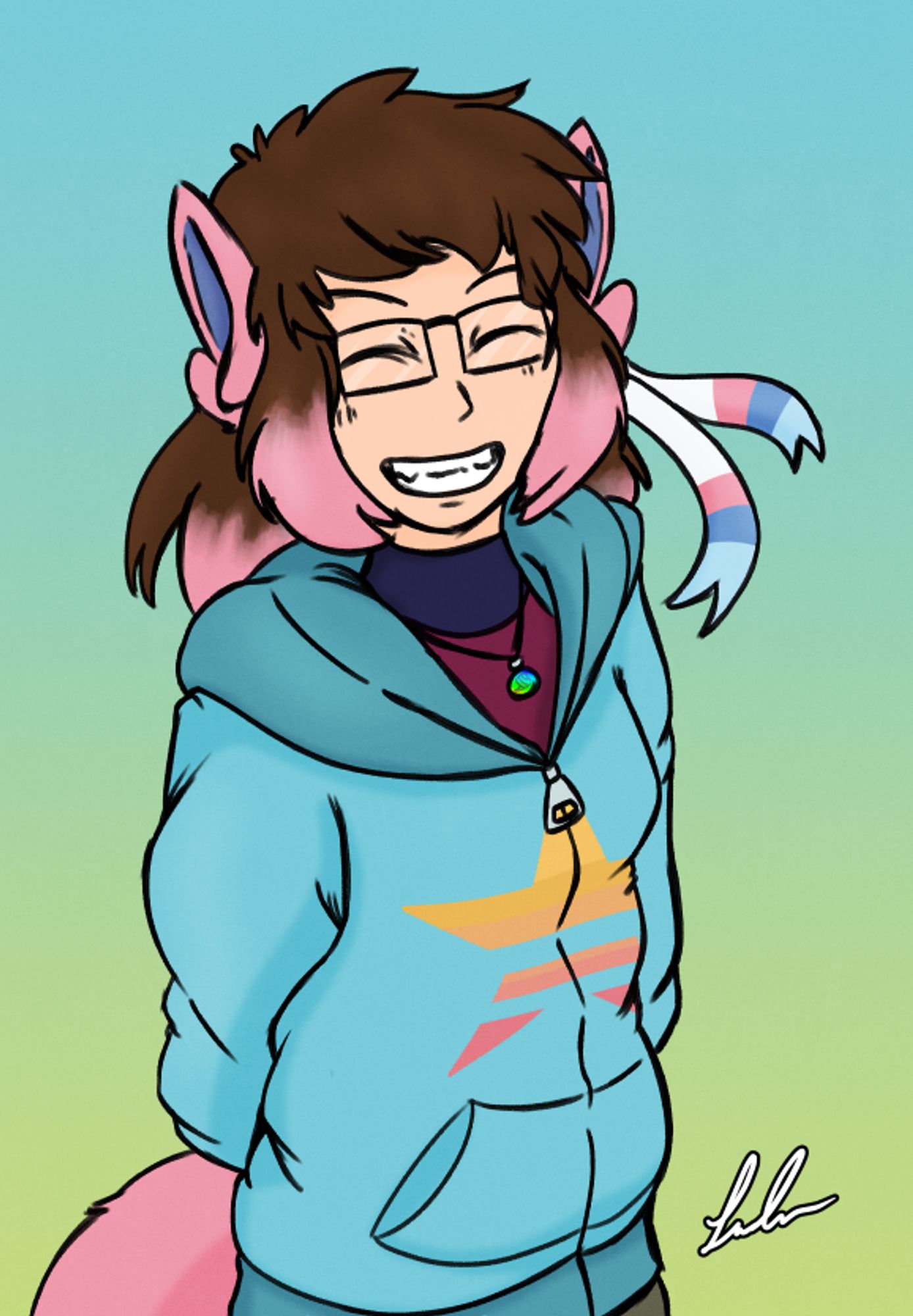 A digital drawing of Leah, a Sylveon hybrid (Human with Sylveon Ears, tail, and two ribbons), smiling towards the viewer. She's wearing a Rosajon jacket. A Mega Evolution stone hangs around her neck as a necklace.