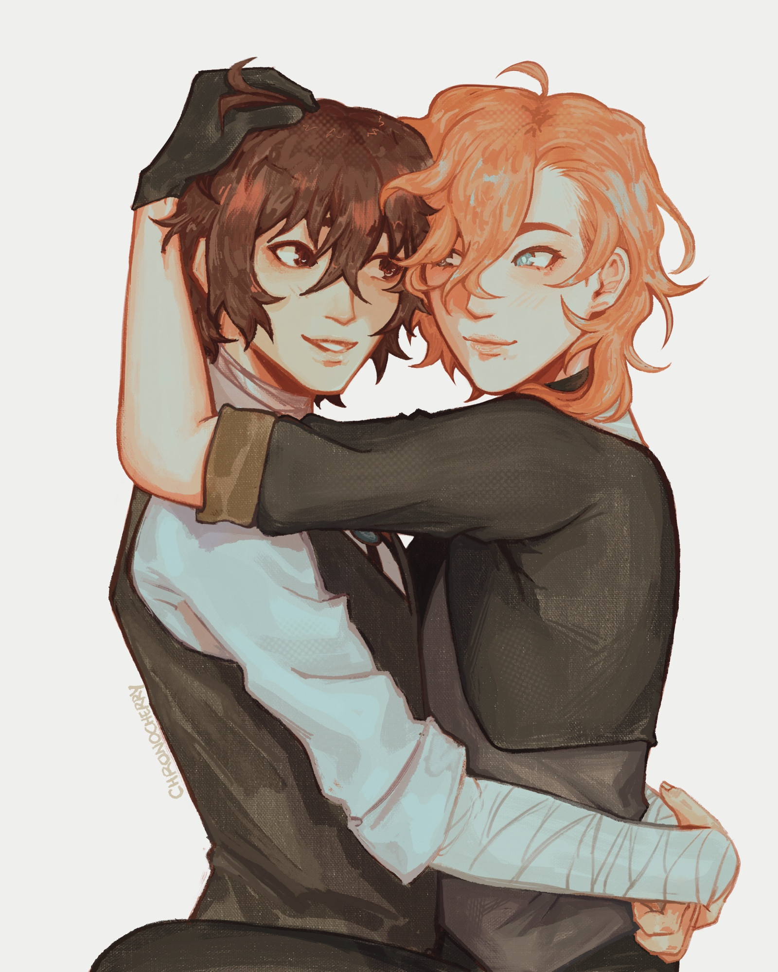 fanart of dazai osamu and chuuya nakahara from ‘bungou stray dogs’ 