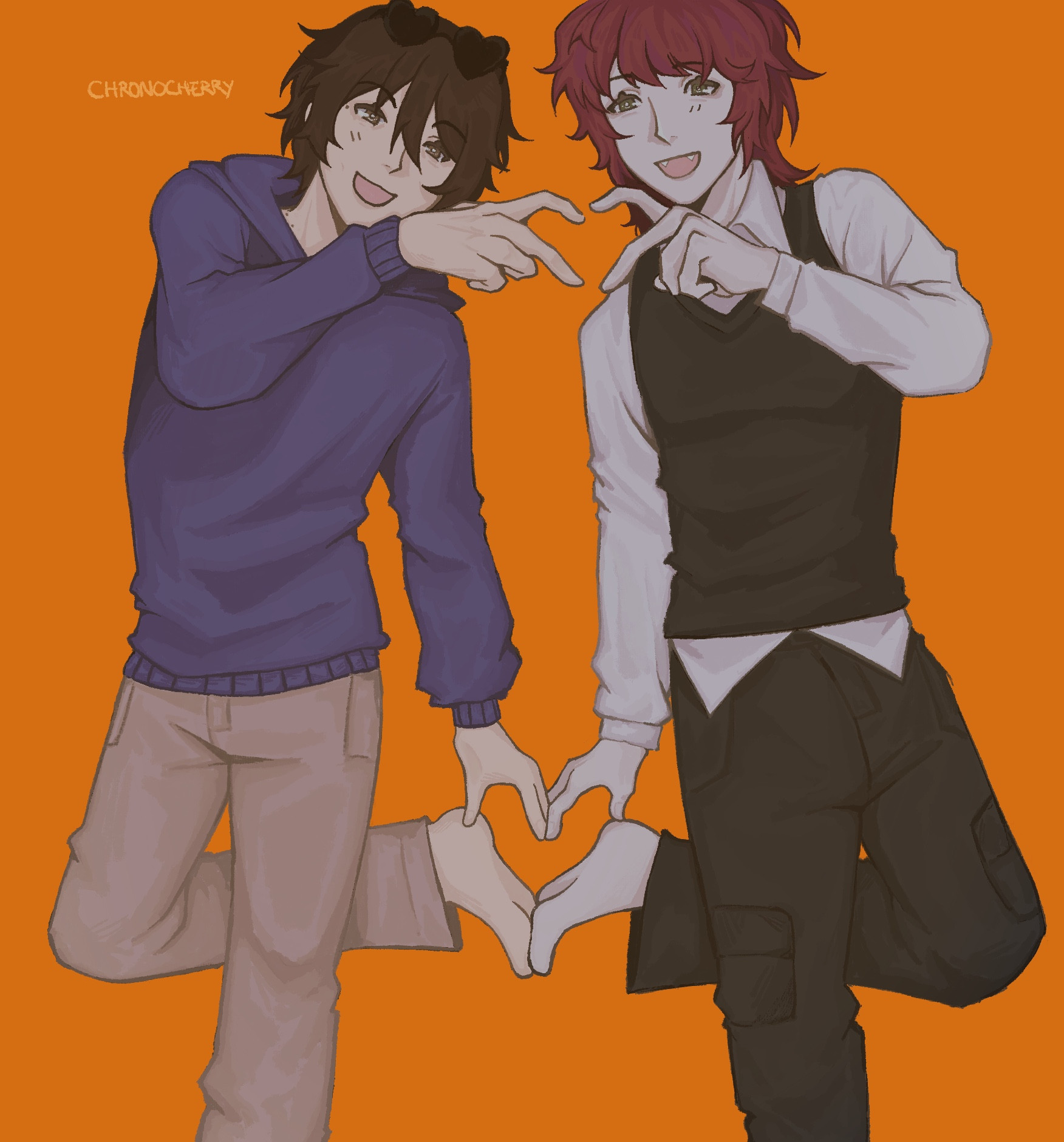 two characters creating hearts using their hands and feet, it is a redraw of a popular meme image