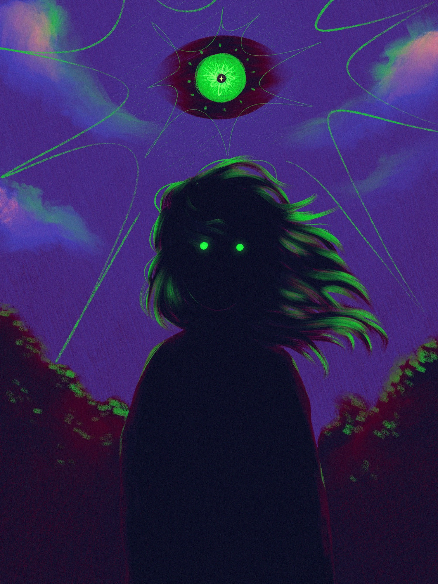 a silhouette of jonathan sims, archivist, no features visible except for his glowing green eyes. dark reddish trees frame him, and a bright green eye looms above him in a purple sky. it casts green light against the clouds, the trees, and his long hair as it blows to the right. the eye above has loosely sketched green spikes radiating from it. 