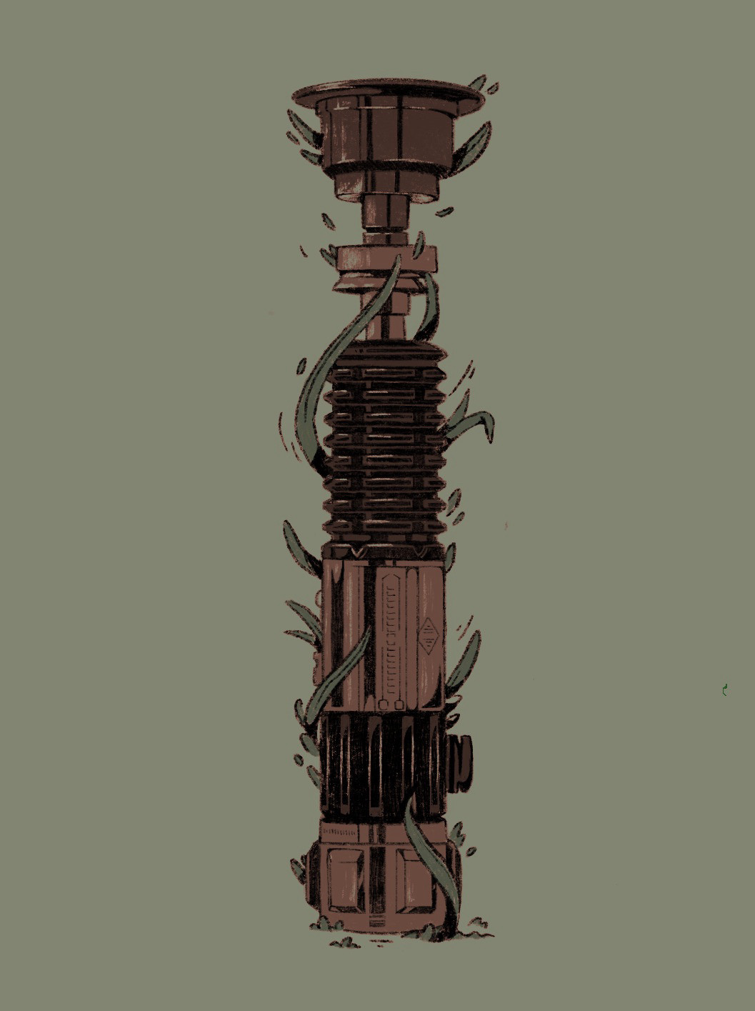 the hilt of obi wan kenobi’s lightsaber standing upright with leafy tendrils surrounding it. illustrated in muted, earthy tones. 