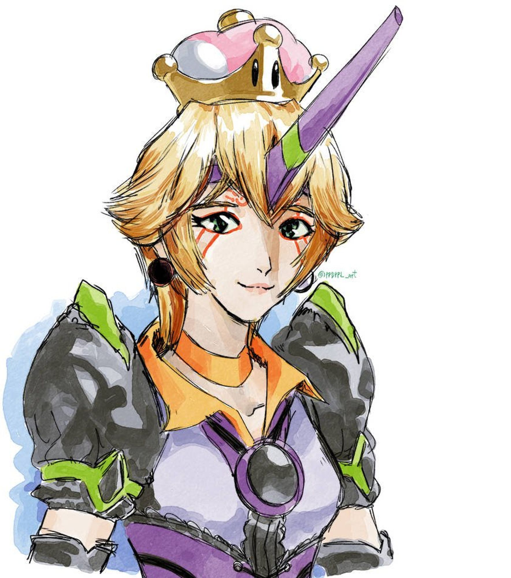 a woman looks to the camera with an elaborate dress and a tiara ending in a horn. the dress and tiara are themed after evangelion unit 01, as is her makeup. she has the white and black moons as earrings, and the eyes from the unarmoured eva. atop her, a cartoony crown with eyes. It's the super crown from super mario, an item that turns toadette into a princess peach lookalike; the implication being the same has happened here, but to the giant cyborg eva unit 01.