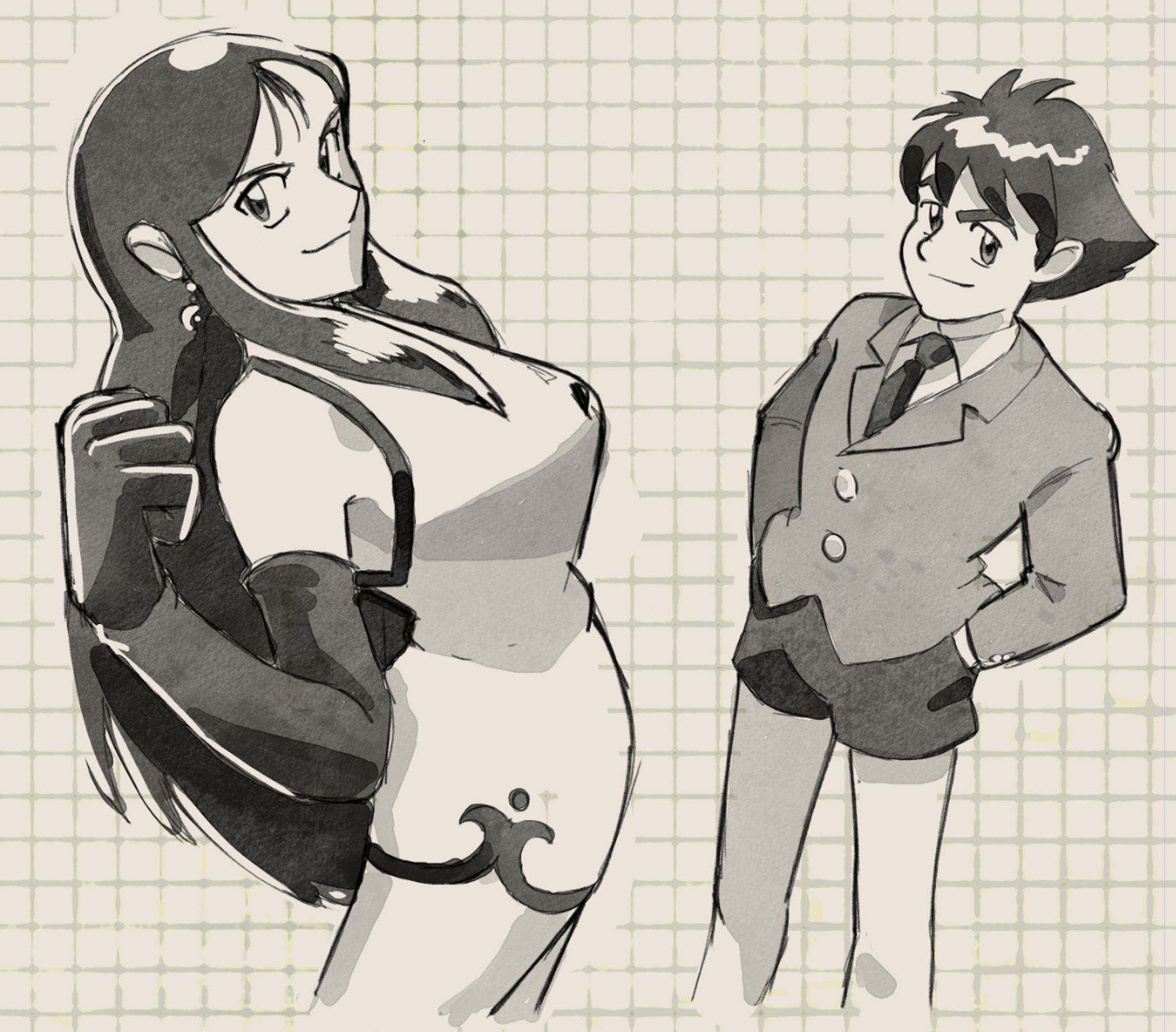 sketch of ginrei, a woman in a white qipao, and daisaku, a boy in jacket and shorts, looking at the camera