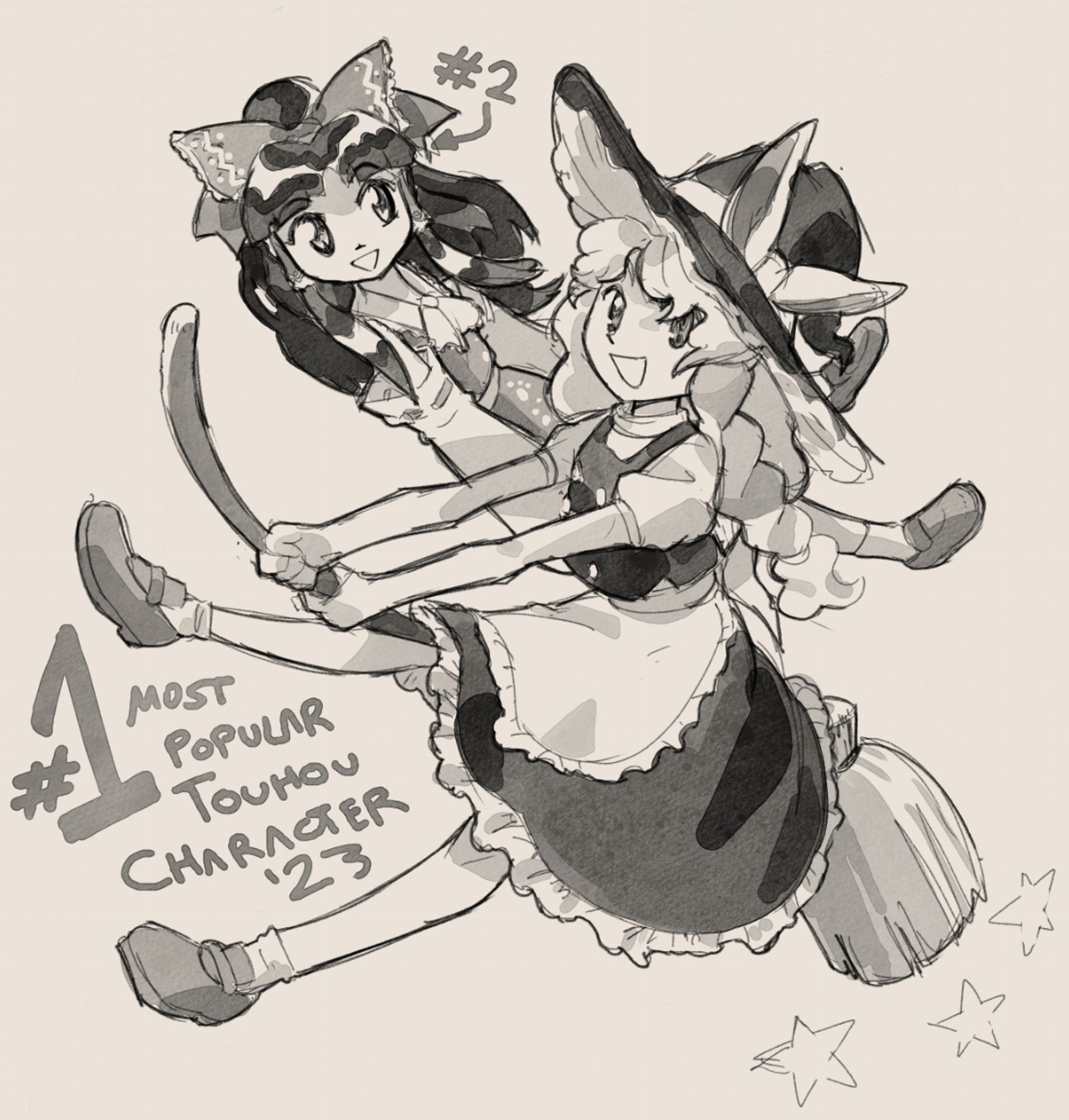 a sketch of touhou character marisa and reimu behind her