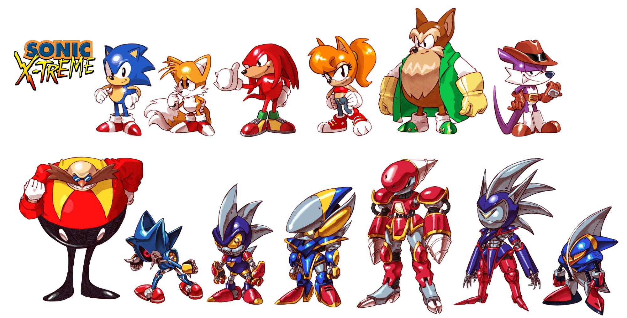 drawings of the known cast of characters for the cancelled game sonic x-treme- sonic, tails, knuckles, tiara, gazebo, fang, eggman, metal sonic, and a bunch of new concepts for mecha sonics