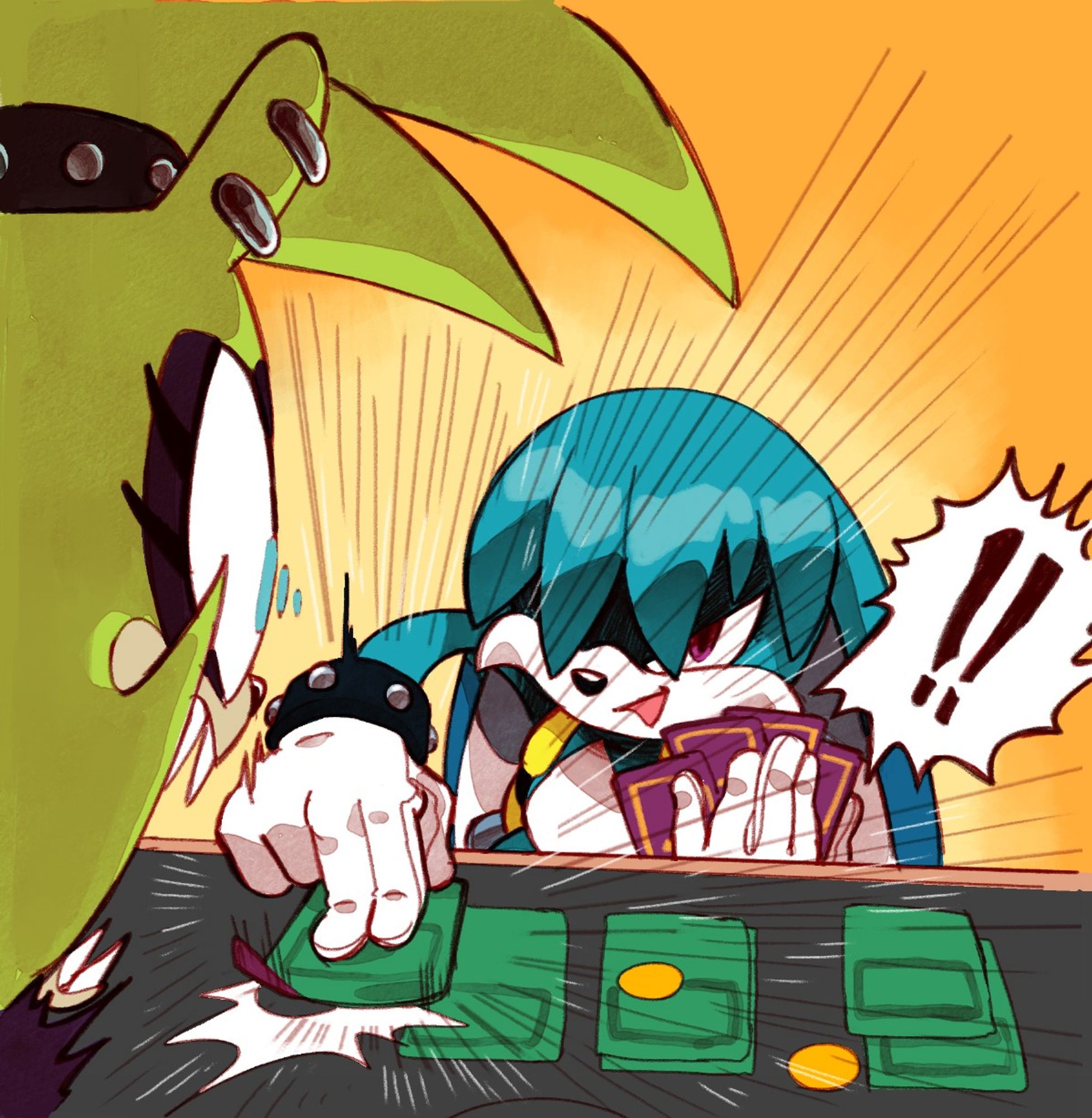 surge the tenrec from idw sonic comics panics in the foreground as she loses a card game to kit the fennec, who dramatically places a card down