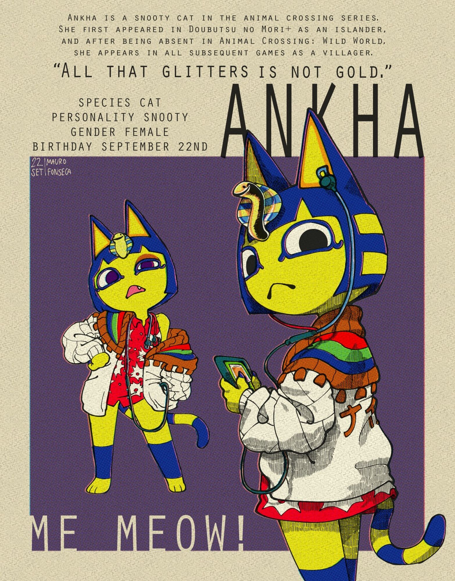 a drawing of ankha from animal crossing with taller proportions. on the front, a drawing of her with the back slightly to the camera, listening to music from her phone, with heavy hatching. on the back, her facing to the camera, headphones around her neck, posing. on both, she's wearing a baggy jacket made from mixing elements of her outfits in the games. filler text is all around the image explaining details of her, such as her personality trait or species