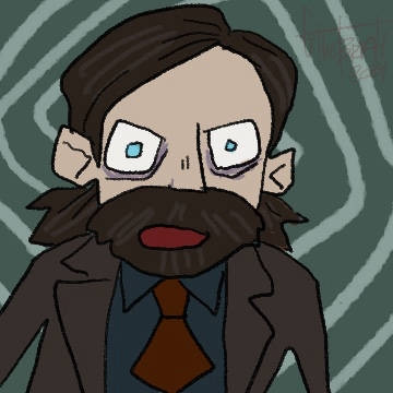 Alan wake drawn in the style of the Web comic "tails gets trolled". He has a look of absolute fuckor on his face.