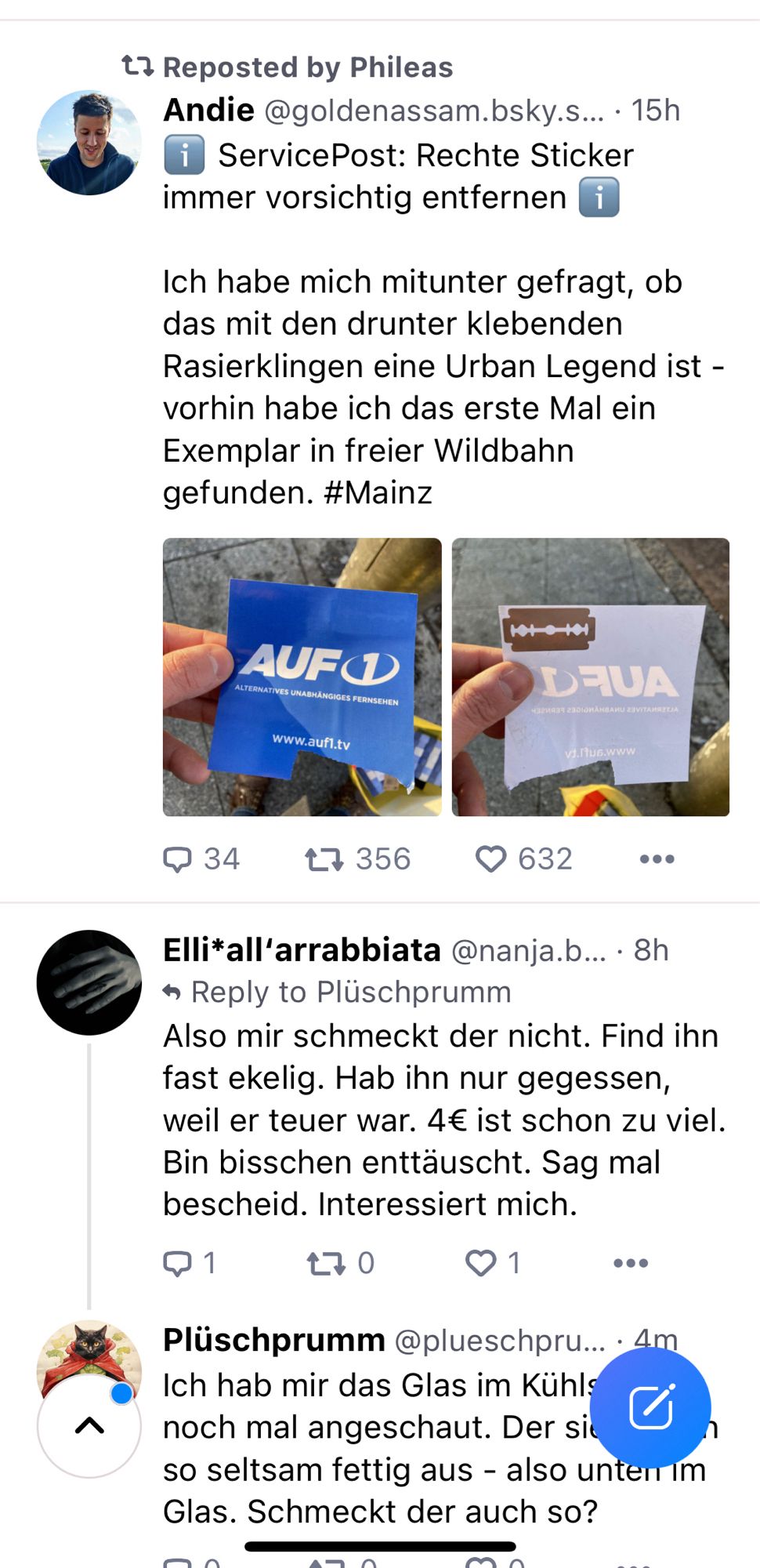 Screenshot, oberer Post von Andie, der eine Rasierklinge hinter einem rechten Sticker gefunden hat. Unterer von Elli mit dem Text: also mir schmeckt der nicht. Hab ihn nur gegessen , weil er teuer war. Bin ein bisschen enttäuscht.