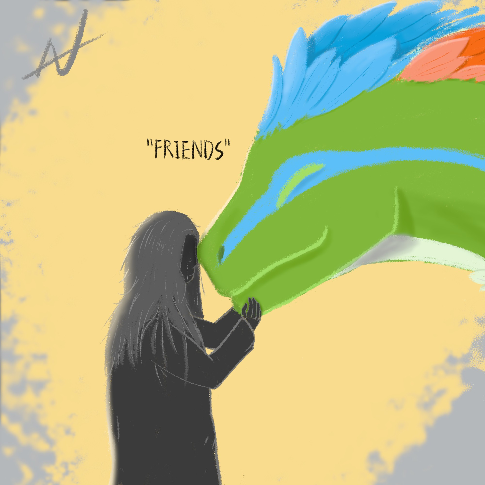 An emerald feathered dragon touches an old crying human's forehead with its snout, smiling. The human reaches out to the dragon's chin with both their hands. With a title, FRIENDS, on the warm color background.