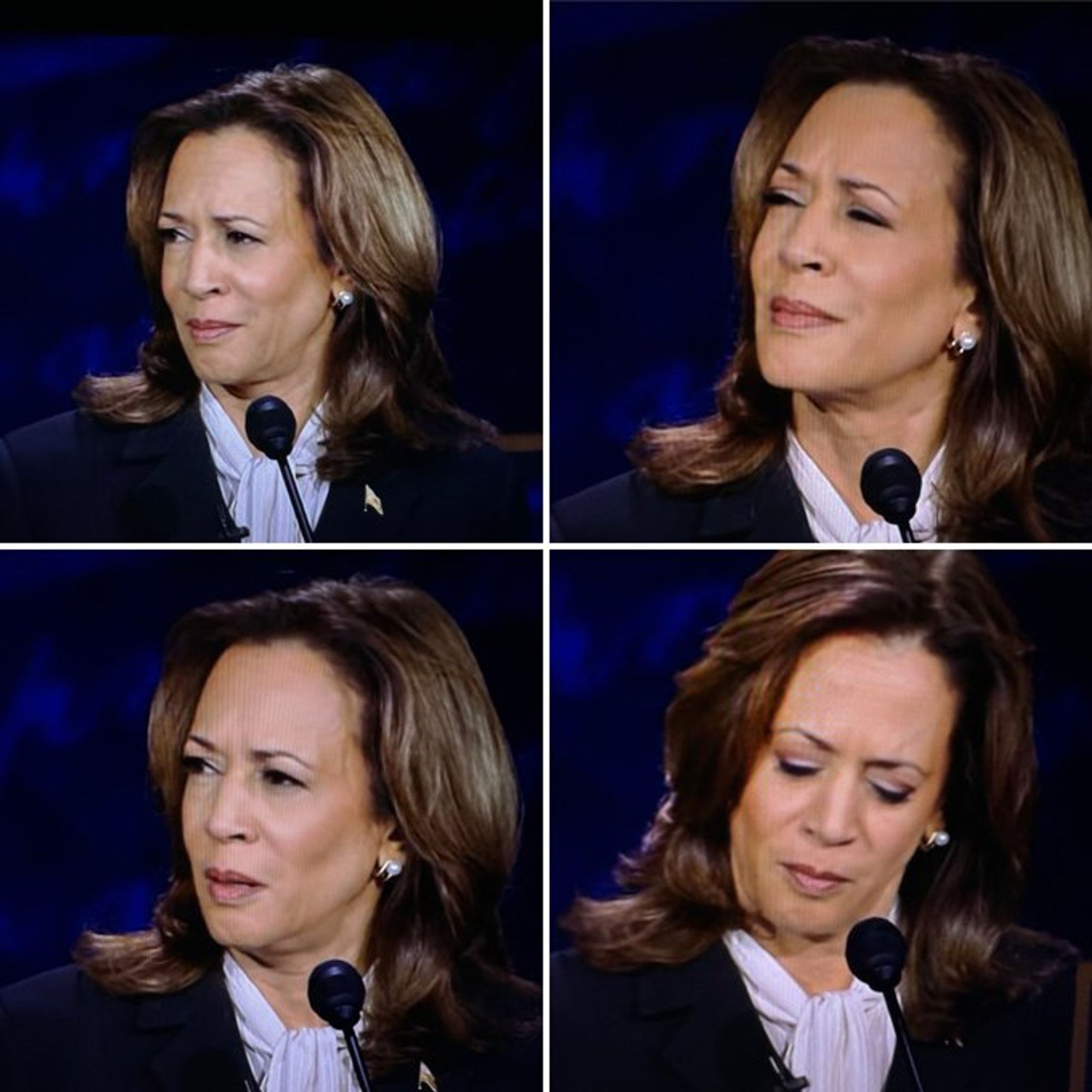 A four panel reaction meme of Kamala Harris at the 9/10 debate going on an incredulous face journey