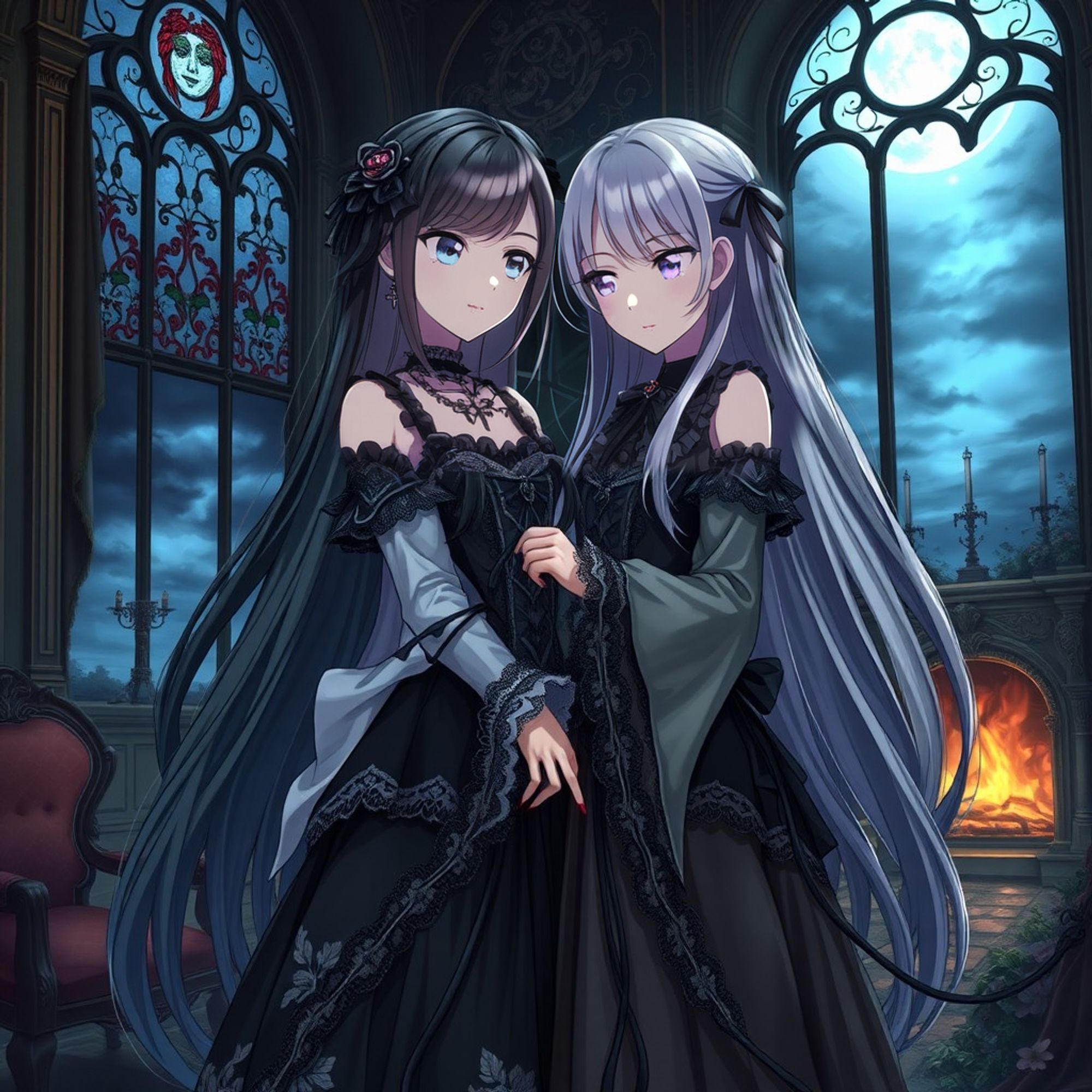 **Character:** Two beautiful anime girls with delicate features, long flowing hair (consider contrasting colors like black and white, or similar shades with different highlights), and elaborate, slightly gothic outfits with intricate lace, ribbons, and jewelry.

Their expressions should be a mix of longing, melancholy, and perhaps a hint of fear or defiance, reflecting the forbidden nature of their love.

Consider different eye colors that convey a sense of depth and mystery.



**Setting & Background:** A dimly lit, ornate gothic room with tall arched windows showing a stormy sky or a full moon.

 Include details like stained glass windows depicting symbolic imagery (roses, thorns, serpents, or locked hearts), heavy velvet curtains, antique furniture, and a grand fireplace with dying embers.

Alternatively, consider a moonlit garden with overgrown vines, wilting flowers, and a hidden pathway, symbolizing the secret nature of their relationship.