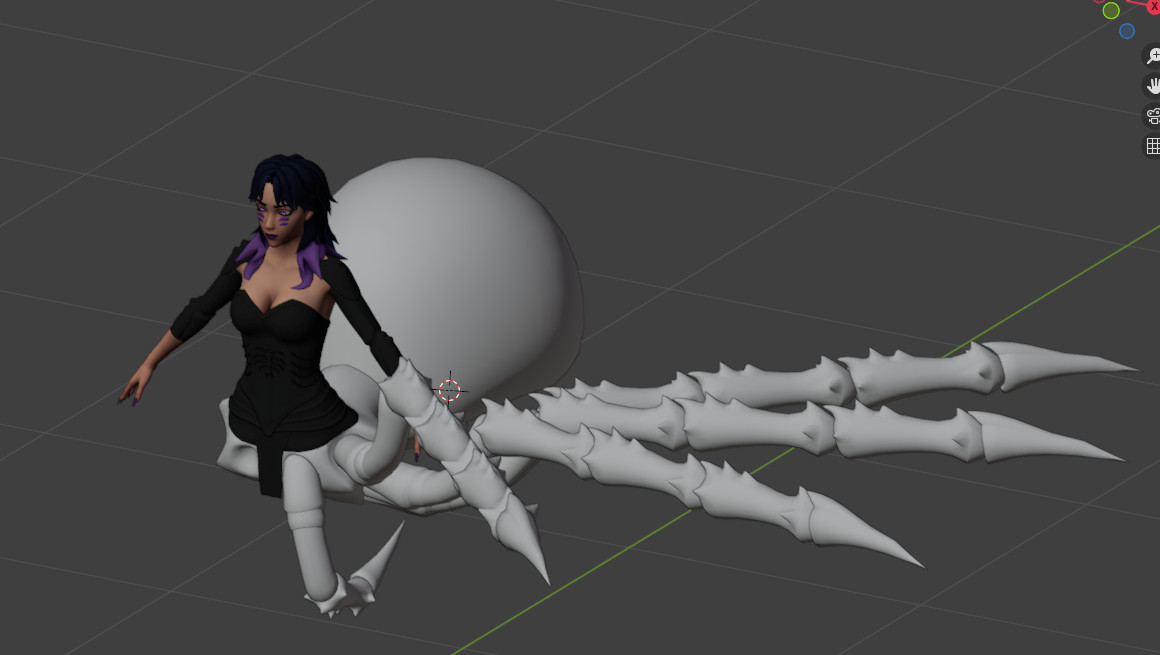 a screenshot of a blender scene, it contains a 3D render of a human spider hybrid, it has the upper body of a woman with black hair with purple tips. It has four legs shown with each joint adorned with chitinous spikes, the spider body is untextured. 