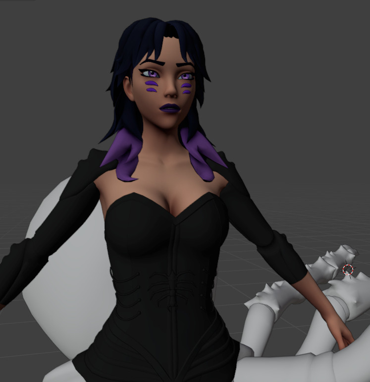 a screenshot of a blender scene, it contains a 3D render of a human spider hybrid, it has the upper body of a woman with black hair with purple tips, her face has two purple bug like eyes beneath the human ones. She is wearing a corset which is black and untextured.

It has two spider legs in frame with each joint adorned with chitinous spikes, the spider body is untextured and the spider's abdomen is visible behind the torso of the human half. 