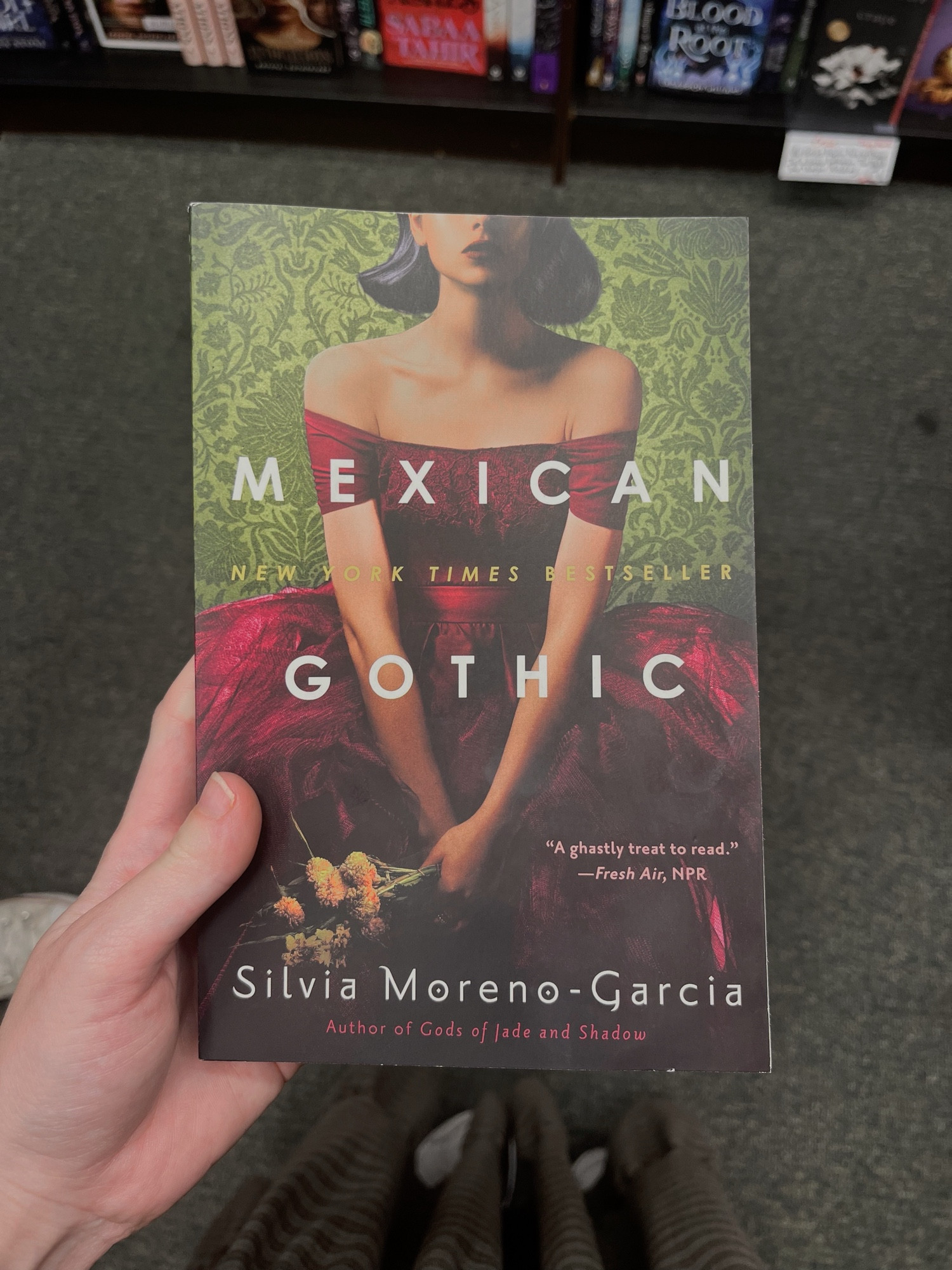 A picture of a book titled, “Mexican Gothic” by Silivia Moreno-Garcia. 