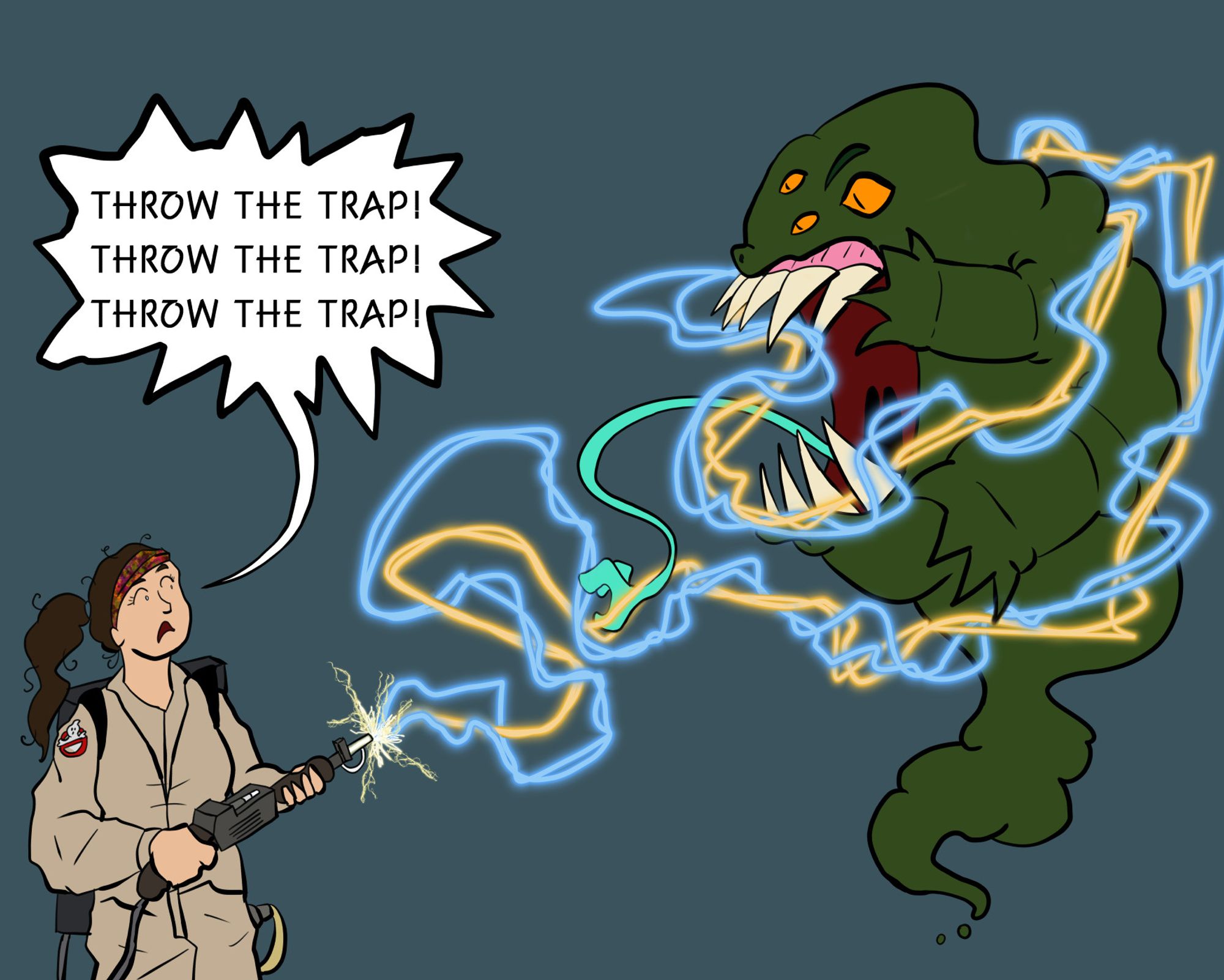 a cartoon of a brown haired woman with a tie-die headband dressed as a ghostbuster, blasting a ghost with the ghostbusters gun. She is shouting "THROW THE TRAP! THROW THE TRAP! THROW THE TRAP!"