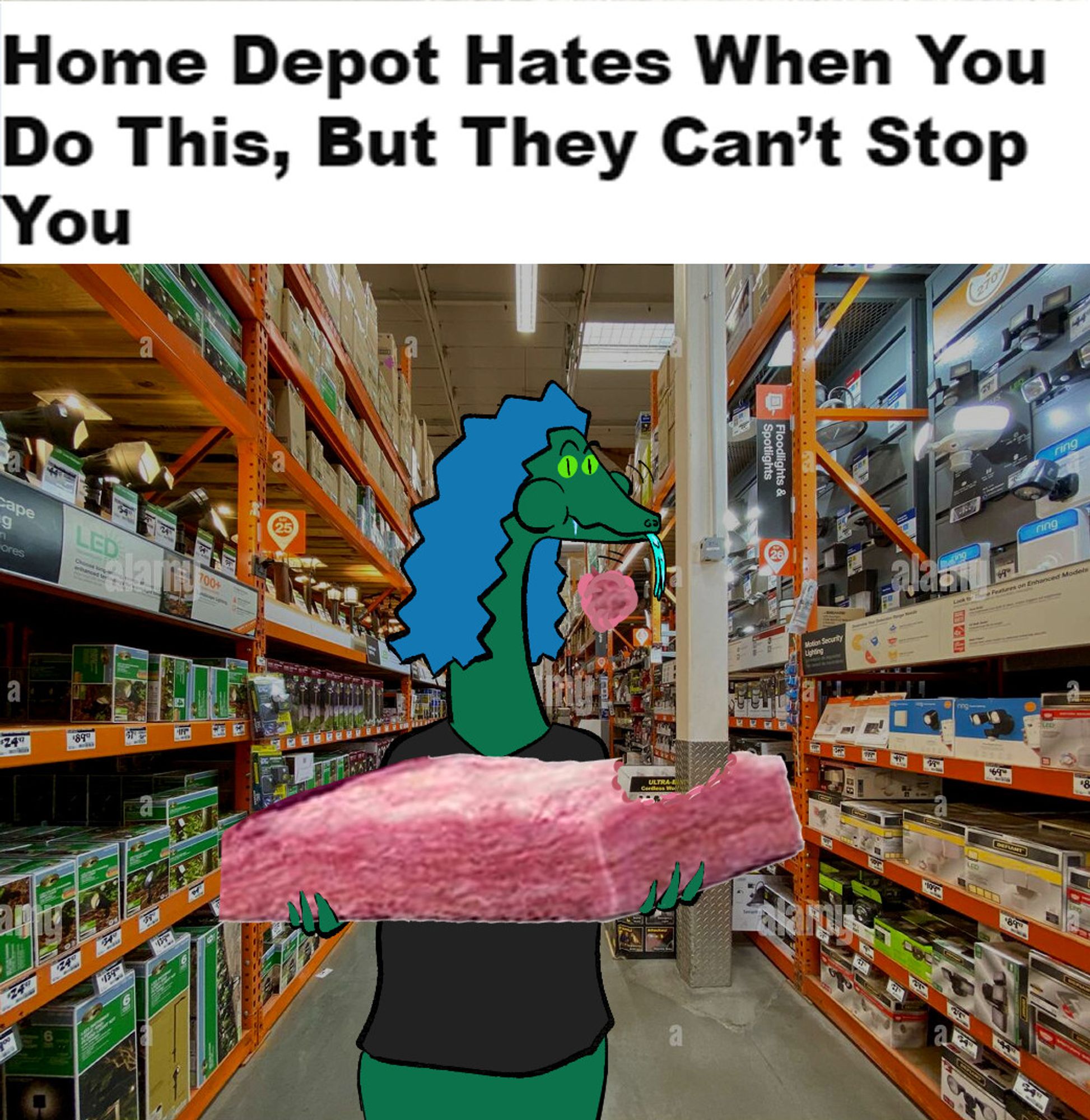 Text from an ad from the windows 11's weather app, which is a special sort of dystopian hell phrase to type, reading: "Home Depot Hates When you Do This, But They Can't Stop You" Below this is an image of a home depot aisle, in the center of which is drawn a green monster girl with a long neck, blue hair, a long snoot, green skin, a long blue tongue, and bright green eyes with vertical-slit pupils. She is drawn with her cheeks full and her tongue poking out, like she has just been caught stealing all the tater tots. In her hands is a brick of pink fiber glass insulation with an enormous cartoonish bite taken out of it.