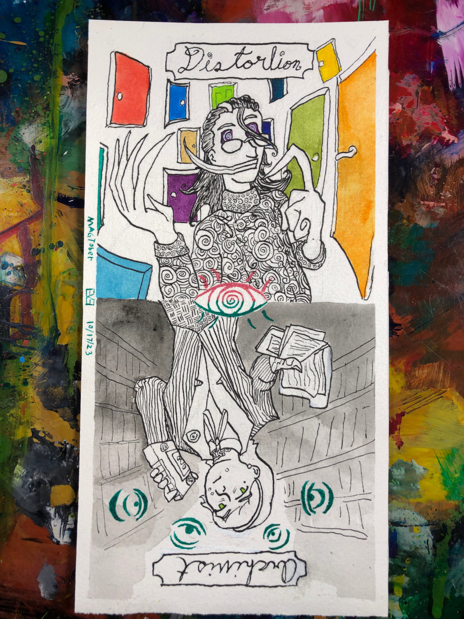 a reversible ink piece, it looks very much like a tarot card. On side reads "Distortion" and has a man in a spiral covered sweater with huge hands surrounded by doors. Upsidedown is a woman in a suit holding files and a tape recorder. It reads Archivist.