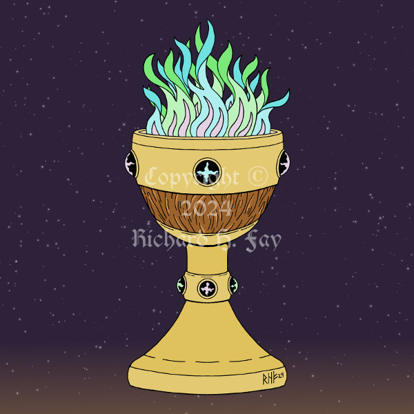 A jeweled cup that combines a chalice and medieval-style wooden drinking bowl, or mazer, contains a multi-colored fuming magic potion in this fantasy illustration by Richard H. Fay.