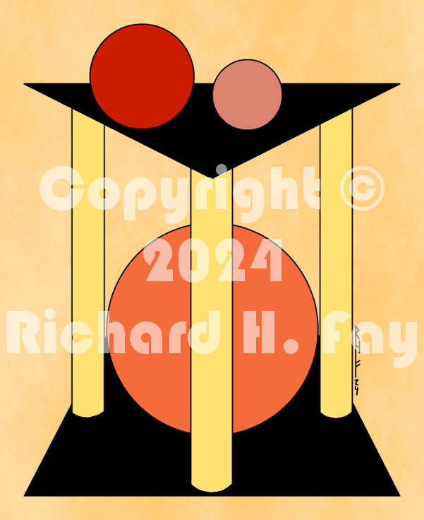 In this abstract artwork, an orange circle sits between three yellow pillars standing on a square or rectangular base, while a red and soft red circle sit upon a triangular platform atop the pillars.