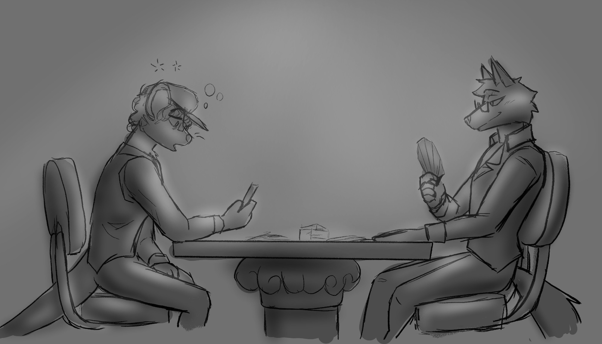 Prof Wolf playing a card game against Josh. Josh is visibly dazed and appears partially hypnotized.