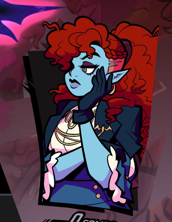 A cartoon-style blue-skinned woman with big, frizzy red hair in a fancy blazer and chemise crosses her arms with one hand up supporting her cheek. Her expression is aloof and slightly wistful. Her lapel has a bat-shaped clip on it.