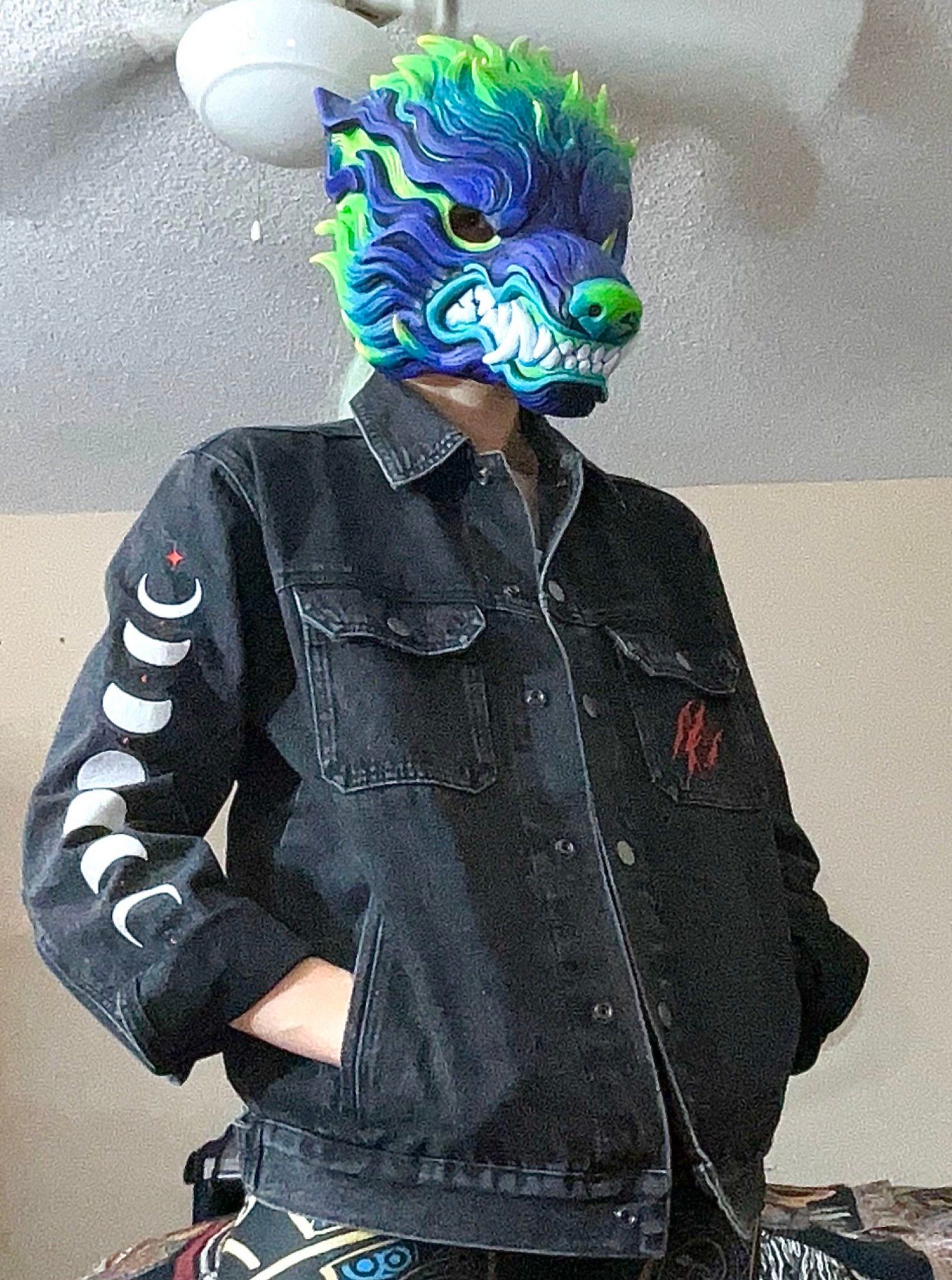 Werewolf denim jacket front view with mask. Created by Bisonwares.