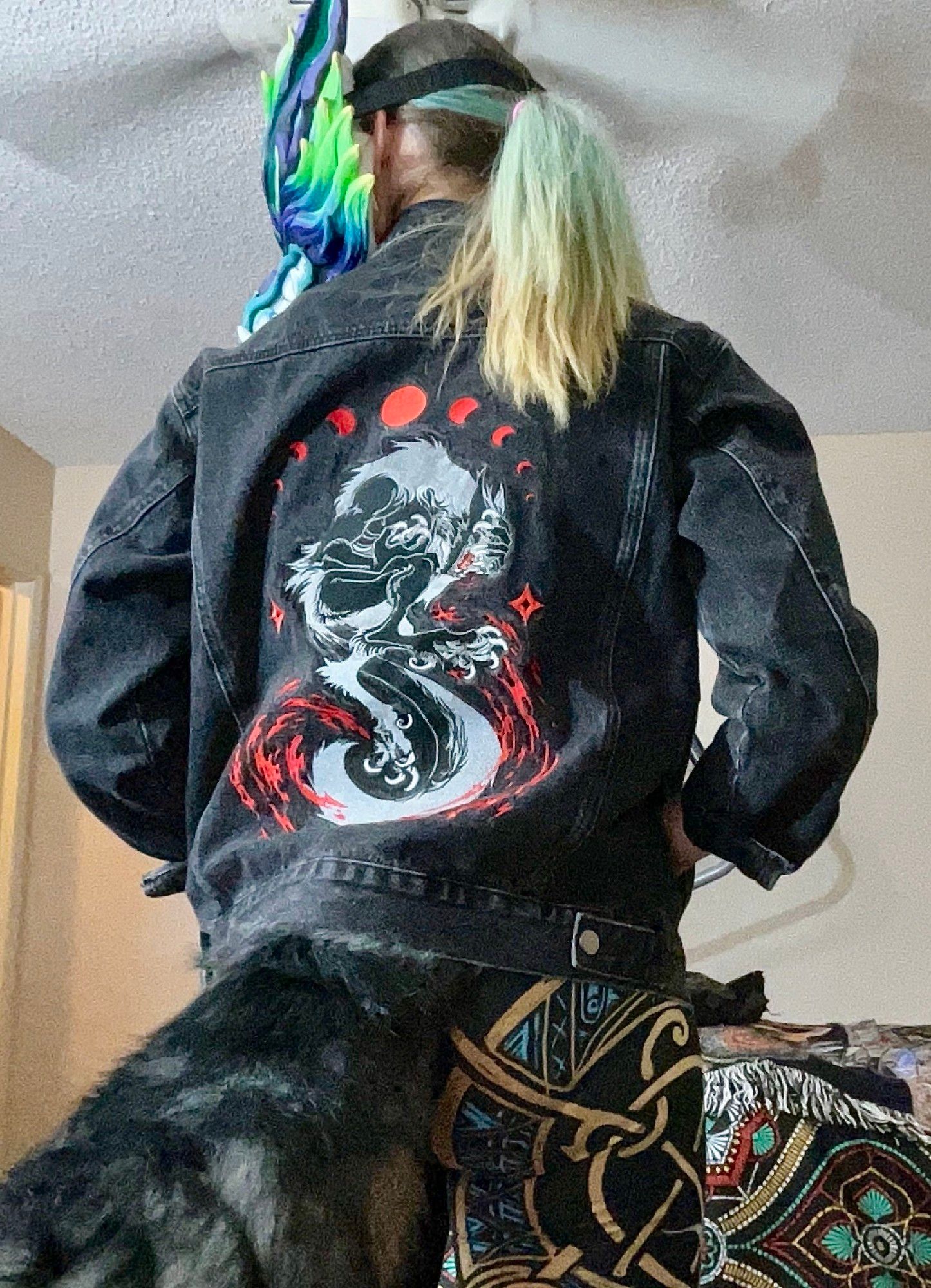 Werewolf jacket denim, back view. Created by Bisonwares.