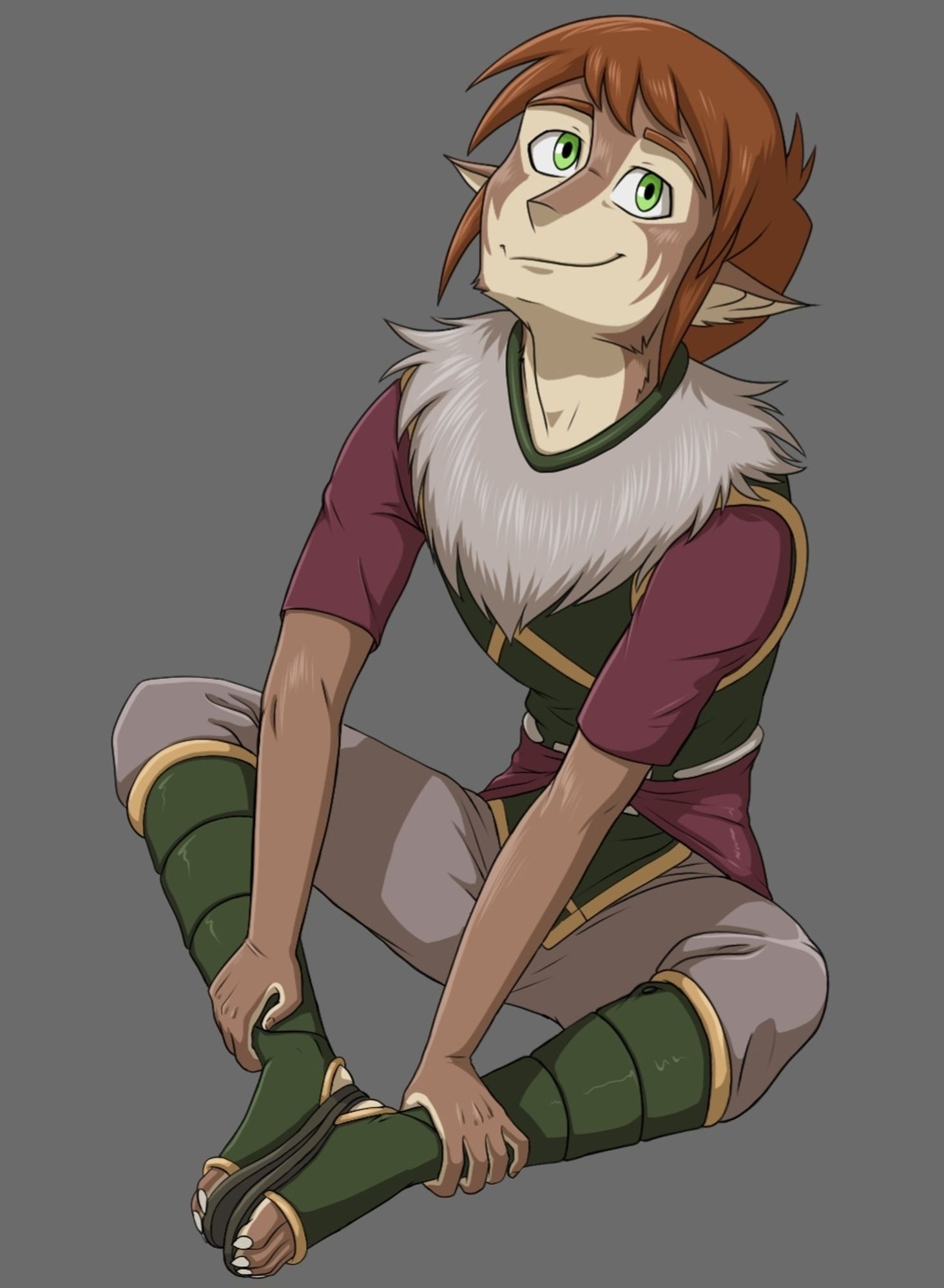 Callan, a feline inspired hybrid character, sitting.