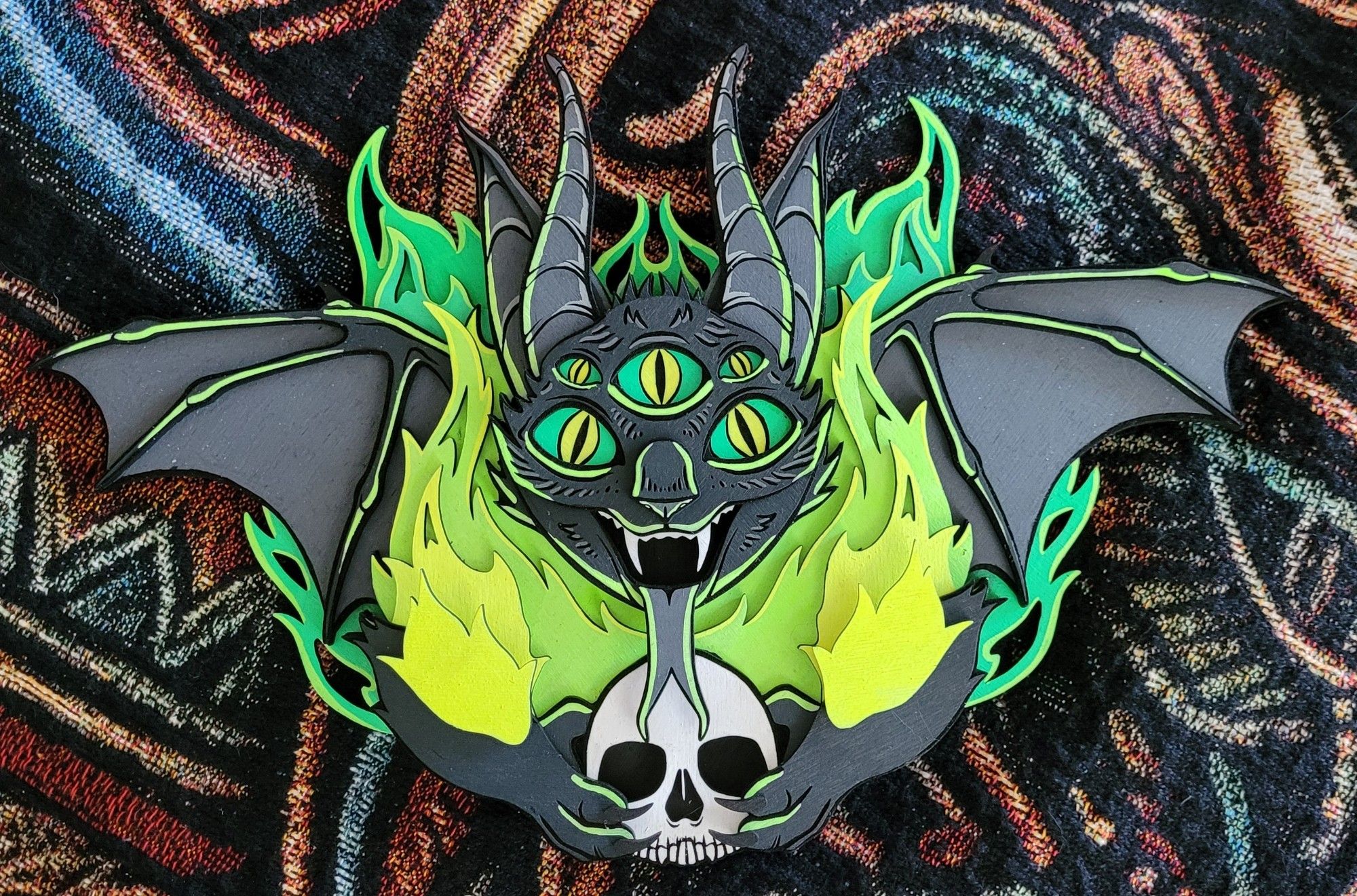 Spooky Cat-bat 3D wood print with paint.