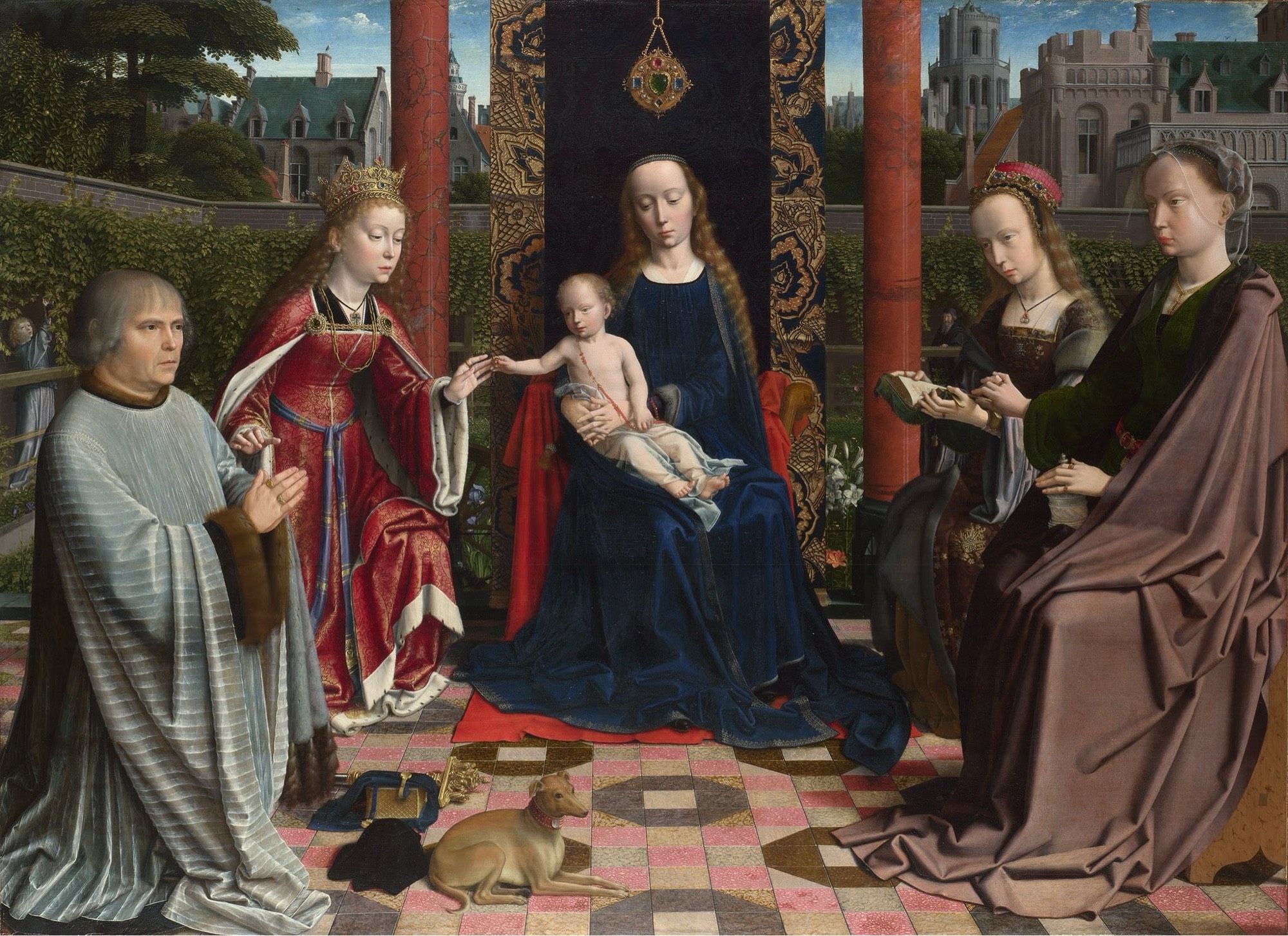 Mystic marriage of St Catherine: Virgin & child enthroned, with saints & donor in an enclosed garden, symbolic of Mary’s virginity,  with views of Bruges beyond; oil on panel c. 1510, painted by Gerard David, early Netherlandish painter influenced by Hans Memling, died #OTD 1523.
@NationalGallery