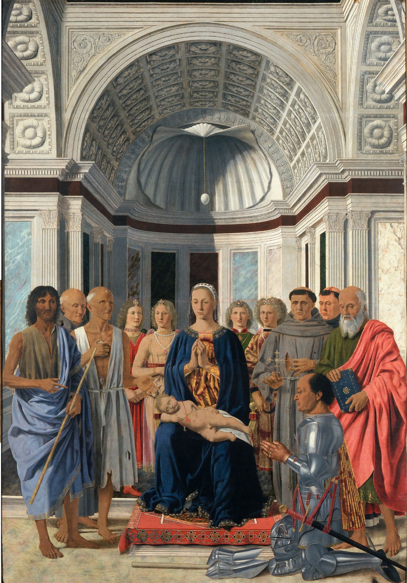 Divine proportion: Montefeltro altarpiece 1472-4, early Renaissance masterpiece created for Federico da Montefeltro, Duke of Urbino (kneeling donor), painted by Piero della Francesca, whose mastery of perspective was informed by mathematics & geometry; died #OTD 1492.
Pinacoteca di Brera, Milan